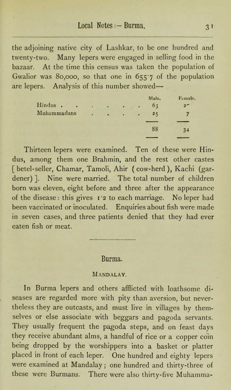 Local NotesBurma. 3 1 the adjoining native city of Lashkar, to be one hundred and twenty-two. Many lepers were engaged in selling food in the bazaar. At the time this census was taken the population of Gwalior was 80,000, so that one in 655’7 of the population are lepers. Analysis of this number showed— Hindus . Muhammadans Male. Female. 63 2 25 7 88 34 Thirteen lepers were examined. Ten of these were Hin- dus, among them one Brahmin, and the rest other castes [betel-seller, Chamar, Tamoli, Ahir (cow-herd), Kachi (gar- dener) ]. Nine were married. The total number of children born was eleven, eight before and three after the appearance of the disease : this gives 12 to each marriage. No leper had been vaccinated or inoculated. Enquiries about fish were made in seven cases, and three patients denied that they had ever eaten fish or meat. Burma. Mandalay. In Burma lepers and others afflicted with loathsome di- seases are regarded more with pity than aversion, but never- theless they are outcasts, and must live in villages by them- selves or else associate with beggars and pagoda servants. They usually frequent the pagoda steps, and on feast days they receive abundant alms, a handful of rice or a copper coin being dropped by the worshippers into a basket or platter placed in front of each leper. One hundred and eighty lepers were examined at Mandalay; one hundred and thirty-three of these were Burmans. There were also thirty-five Muhamma-