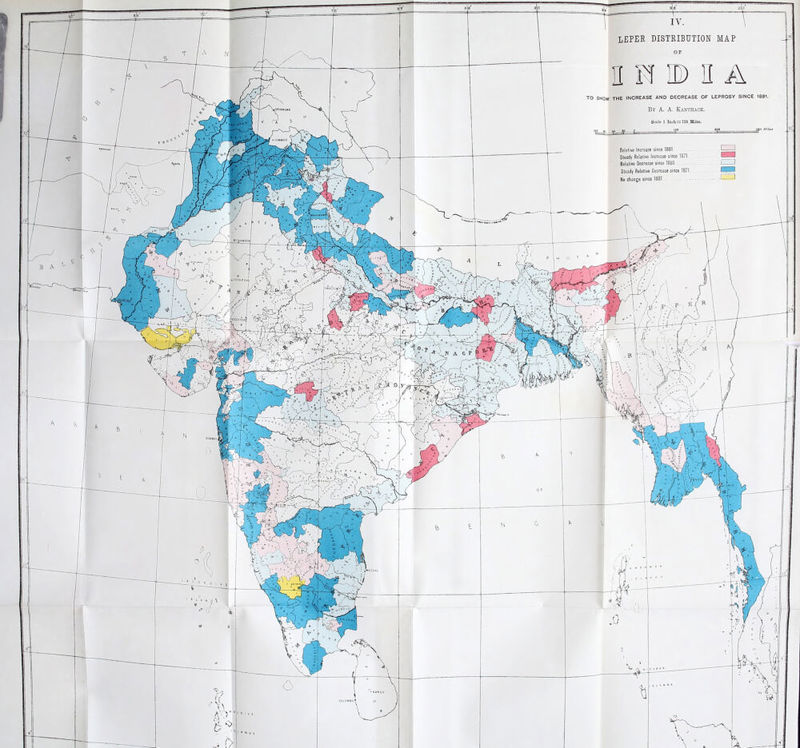 leper distribution map to SHOW THE INCREASE AND DECREASE OF LEPROSY SINCE 1881. By A. A. Kanthack. [SRINAGAR Scale 1 Inch = 128 Miles. oJUMMOO Relative Increase since 1881 Steady Relative Increase since 1871 Relative Decrease since 1881 Steady Relative Decrease since 1871. No change since 1881 »*•>**>[ B'CNaneer JEYPORE oJODHPORE ^SHIUCmG- (OOCEYPOR UlMinshpi;, ICALCUfTA Bombay | :«abaiv^. ft,,, m>» /MADRAS a n j on. KANDY COLOMBO'