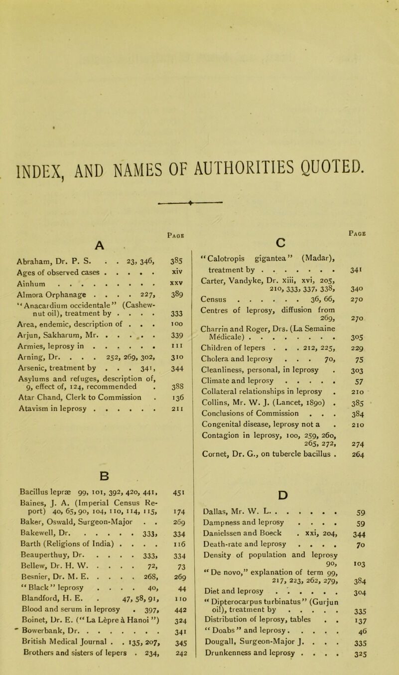 INDEX, AND NAMES OF AUTHORITIES QUOTED ♦ Page A Abraham, Dr. P. S. . 23, 346, 385 Ages of observed cases xiv Ainhum xxv Almora Orphanage .... 227, 389 “Anacardium occidentale” (Cashew- nut oil), treatment by ... 333 Area, endemic, description of . 100 Arjun, Sakharum, Mr 339 Armies, leprosy in hi Arning, Dr. . . . 252, 269, 302, 310 Arsenic, treatment by . . . 341, 344 Asylums and refuges, description of, 9, effect of, 124, recommended . 38S Atar Chand, Clerk to Commission . 136 Atavism in leprosy 211 B Bacillus leprae 99, 101, 392, 420, 441, 45i Baines, J. A. (Imperial Census Re- port) 40, 65,90, 104, no, 114, 115, 174 Baker, Oswald, Surgeon-Major • • 269 Bakewell, Dr 333, 334 Barth (Religions of India) . • • 116 Beauperthuy, Dr 333, 334 Bellew, Dr. H. W 72, 73 Besnier, Dr. M. E 268, 269 “ Black ” leprosy .... 40, 44 Blandford, H. E. . 47, 58,91, 110 Blood and serum in leprosy 397, 442 Boinet, Dr. E. (“ La Lepre a Hanoi ”) 324 Bowerbank, Dr 34i British Medical Journal . . 135 207, 345 Brothers and sisters of lepers . 234, 242 C ** Calotropis gigantea” (Madar), treatment by Carter, Vandyke, Dr. xiii, xvi, 205, 210,333,337,338, Census 36, 66, Centres of leprosy, diffusion from 269, Charrin and Roger, Drs. (La Semaine Medicale) Children of lepers . . .212, 225, Cholera and leprosy . . . 70, Cleanliness, personal, in leprosy Climate and leprosy . . . . . Collateral relationships in leprosy Collins, Mr. W. J. (Lancet, 1S90) Conclusions of Commission Congenital disease, leprosy not a Contagion in leprosy, 100, 259, 260, 265, 272, Cornet, Dr. G., on tubercle bacillus . D Dallas, Mr. W. L Dampness and leprosy .... Danielssen and Boeck . xxi, 204, Death-rate and leprosy .... Density of population and leprosy 90, “ De novo,” explanation of term 99, 217, 223, 262, 279, Diet and leprosy ...... “ Dipterocarpus turbinatus” (Gurjun oil), treatment by Distribution of leprosy, tables . . “ Doabs ” and leprosy Dougall, Surgeon-Major J. . Drunkenness and leprosy . . . . Page 341 340 270 270 305 229 75 303 57 210 385 3S4 210 274 264 59 59 344 70 103 3S4 304 335 137 46 335 325