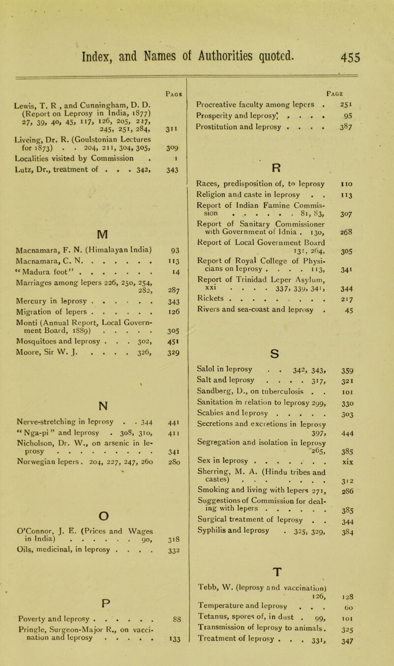 Page Lewis, T. R , and Cunningham, D. D. (Report on Leprosy in India, 1S77) 27, 39, 40, 45, 117, 126, 205, 227, 245> 251, 2S4, 3>i Liveing, Dr. R. (Goulstonian Lectures for 1S73) . • 204,211,304, 305, 3 °9 Localities visited by Commission • 1 Lutz, Dr., treatment of . 342, 343 M Macnamara, F. N. (Himalayan India) 93 Macnamara, C. N 113 “Madura foot” 14 Marriages among lepers 226, 250, 254, 282, 287 Mercury in leprosy 343 Migration of lepers 126 Monti (Annual Report, Local Govern- ment Board, 1SS9) 305 Mosquitoes and leprosy . . . 302, 451 Moore, Sir W. J 326, 329 N Nerve-stretching in leprosy . . 344 441 “Nga-pi” and leprosy . 308, 310, 411 Nicholson, Dr. W., on arsenic in le- prosy 341 Norwegian lepers . 204, 227, 247, 260 280 o O’Connor, J. E. (Prices and Wages in India) go, 318 Oils, medicinal, in leprosy .... 332 Face Procreative faculty among lepers . 251 Prosperity and leprosy' .... 95 Prostitution and leprosy .... 387 R Races, predisposition of, to leprosy IXO Religion and caste in leprosy . , Report of Indian Famine Commis- 113 sion 81, 83, 307 Report of Sanitary Commissioner with Government of Idnia . 130, 268 Report of Local Government Board 131, 264, 305 Report of Royal College of Physi- cians on leprosy . ... 113, 341 Report of Trinidad Leper Asylum, xxi .... 337, 339, 34', 344 Rickets 217 Rivers and sea-coast and leprosy 45 s Salol in leprosy . . 342, 343, 359 Salt and leprosy . . . .317, 321 Sandberg, D., on tuberculosis . IOI Sanitation rn relation to leprosy 299, 330 Scabies and leprosy 303 Secretions and excretions in leprosy 397, 444 Segregation and isolation in leprosy '265, 385 Sex in leprosy xix Sherring, M. A. (Hindu tribes and castes) ... .... 3'2 Smoking and living with lepers 271, 2S6 Suggestions of Commission for deal- ing with lepers 385 Surgical treatment of leprosy 344 Syphilis and leprosy . 325, 329, 3S4 P Poverty and leprosy 88 Pringle, Surgeon-Major R., on vacci- nation and leprosy 133 T Tebb, W. (leprosy and vaccination) 126, 128 Temperature and leprosy • 60 Tetanus, spores of, in dust . 99, IOI Transmission of leprosy to animals. 325 Treatment of leprosy . 33G 347