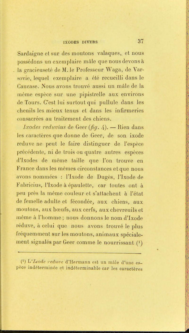 Sardaigne et sur des moutons valaques, et nous possédons un exemplaire mâle que nous devons à .. la gracieuseté de M. le Professeur Waga, de Var- sovie, lequel exemplaire a été recueilli dans le Caucase. Nous avons trouvé aussi un mâle de la même espèce sur une pipistrelle aux environs de Tours. C'est lui surtout qui pullule dans les chenils les mieux tenus et dans les infirmeries consacrées au traitement des chiens. Ixodes reduvius de Geer {fig. !\). — Rien dans les caractères que donne de Geer, de son ixode reduve ne peut le faire distinguer de l'espèce précédente, ni de trois ou quatre autres espèces d'Ixodes de même taille que l'on trouve en France dans les mêmes circonstances et que nous avons nommées : l'Ixode de Dugès, l'Ixode de Fabricius, l'Ixode à épaulette, car toutes ont à peu près la même couleur et s'attachent à l'état de femelle adulte et fécondée, aux chiens, aux moutons, aux bœufs, aux cerfs, aux chevreuils et même à l'homme ; nous donnons le nom d'Ixode î-éduve, à celui que nous avons trouvé le plus fréquemment sur les moutons, animaux spéciale- ment signalés par Geer comme le nourrissant (*) 0) L'Ixode reduve d'Hermann est un mâle d'une es- pèce indéterminée et indéterminable car les caractères