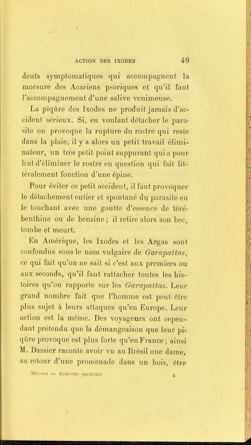 dents symptomatiques qui accompagnent la morsure des Acariens p«oriques et qu'il faut l'accompagnement d'une salive venimeuse. La piqûre des Ixodes ne produit jamais d'ac- cident sérieux. Si, en voulant détacher le para- site on provoque la rupture du rostre qui reste dans la plaie, il y a alors un petit travail élimi- nateur, un très petit point suppurant quia pour but d'éliminer le rostre en question qui fait lit- téralement fonction d'une épine. Pour éviter ce petit accident, il faut provoquer le détachement entier et spontané dq parasite en le touchant avec une goutte d'essence de téré- benthine ou de benzine ; il retire alors son bec, tombe et meurt. En Amérique, les Ixodes et les Argas sont confondus sous le nom vulgaire de Garapaltas, ce qui fait qu'on ne sait si c'est aux premiers ou aux seconds, qu'il faut rattacher toutes les his- toires qu'on rapporte sur les Garapattas. Leur grand nombre fait que l'homme est peut-être plus sujet à leurs attaques qu'en Europe. Leur action est la même. Des voyageurs ont cepen- dant prétendu que la démangeaison que leur pi- qûre provoque est plus forte qu'en France ; ainsi M. Dassier raconte avoir vu au Brésil une dame, au retour d'une promenade dans un bois, être MiCNln — Acariens parasites 4