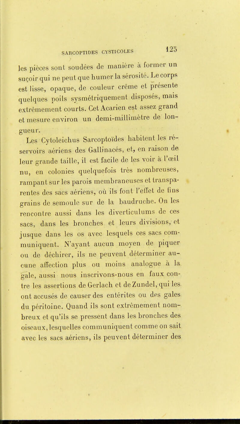 les pièces sont soudées de manière à former un suçoir qui ne peut que humer la sérosité. Le corps est lisse, opaque, de couleur crème et présente quelques poils sysmétriquement disposés, mais extrêmement courts. Cet Acarien est assez grand et mesure environ un demi-millimètre de lon- gueur. Les Cytoleichus Sarcoptoïdes habitent les ré- servoirs aériens des Gallinacés, et, en raison de leur grande taille, il est facile de les voir à l'œil nu, en colonies quelquefois très nombreuses, rampant sur les parois membraneuses et transpa- rentes des sacs aériens, où ils font l'effet de fins grains de semoule sur de la baudruche. On les rencontre aussi dans les diverticulums de ces sacs, dans les bronches et leurs divisions, et jusque dans les os avec lesquels ces sacs com- muniquent. N'ayant aucun moyen de piquer ou de déchirer, ils ne peuvent déterminer au- cune affection plus ou moins analogue à la sale, aussi nous inscrivons-nous en faux con- tre les assertions de Gerlach et deZundel, qui les ont accusés de causer des entérites ou des gales du péritoine. Quand ils sont extrêmement nom- breux et qu'ils se pressent dans les bronches des oiseaux, lesquelles communiquent comme on sait avec les sacs aériens, ils peuvent déterminer des