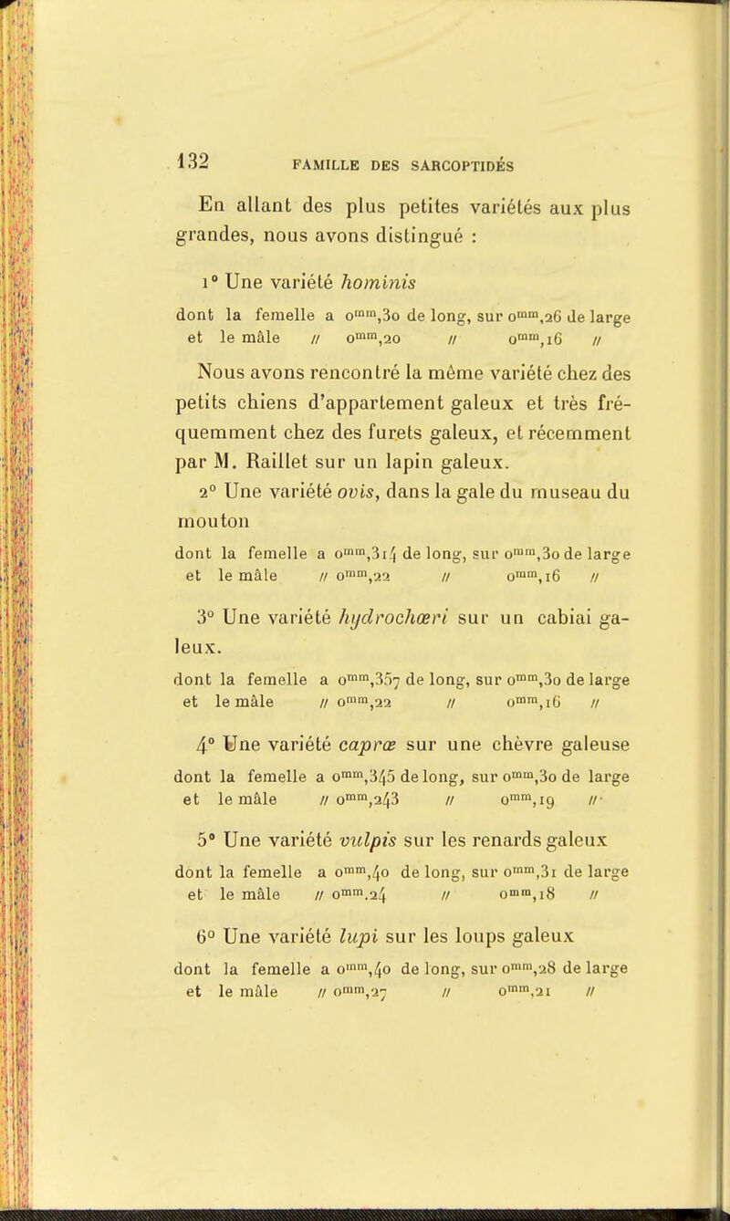 En allant des plus petites variétés aux plus grandes, nous avons distingué : i° Une variété hominis dont la femelle a omm,3o de long, sur omm,26 de large et le mâle // omm,20 // omm,i6 // Nous avons rencontré la môme variété chez des petits chiens d'appartement galeux et très fré- quemment chez des furets galeux, et récemment par M. Raillet sur un lapin galeux. 2° Une variété ovis, dans la gale du rnuseau du mouton dont la femelle a omm,3lij de long, sur omm,3o de large et le mâle // omm,22 // omm,i6 // 3° Une variété hydrochœri sur un cabiai ga- leux. dont la femelle a omm,357 de long, sur omm,3o de large et le mâle // om«>,22 // omm,i6 // 4° Une variété caprœ sur une chèvre galeuse dont la femelle a omm,3/|5 de long, sur omm,3o de large et le mâle //omm,243 // omra,io. II- 5° Une variété vulpis sur les renards galeux dont la femelle a oram,4o de long, sur omm,3i de large et le mâle // omm.24 // omn>,i8 // 6° Une variété lupi sur les loups galeux dont la femelle a omra,4° de long, sur omm,28 de large et le mâle // omm)2- /; omm,2i //