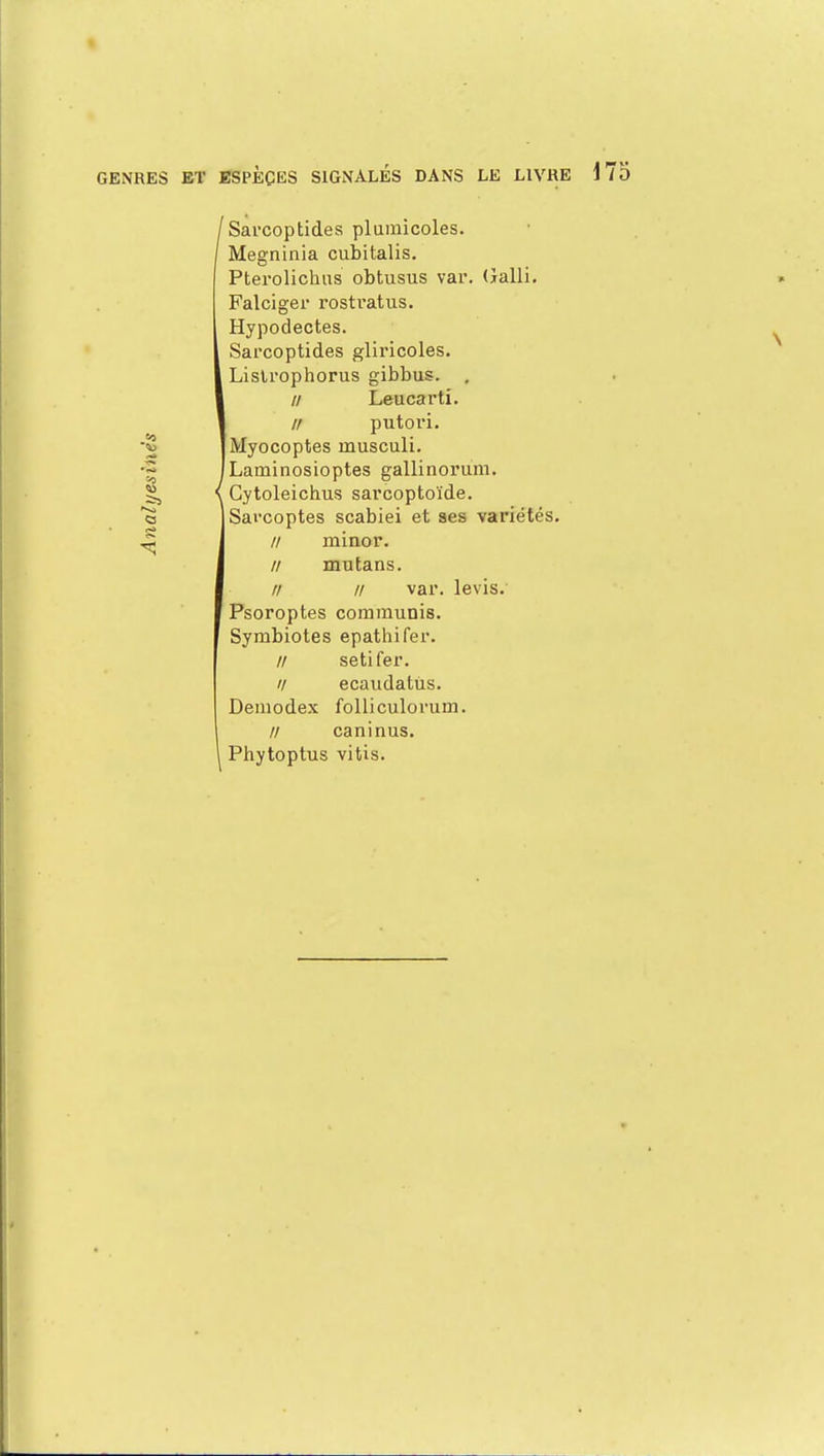 Sarcoptides plumicoles. =0 Megninia cubitalis. Pterolichus obtusus var. Galli. Falciger rostratus. Hypodectes. Sarcoptides gliricoles. Lislrophorus gibbus. . // Leucarti. // putori. Myocoptes inusculi. /Laminosioptes gallinorum. \ Cytoleichus sarcoptoïde. Sarcoptes scabiei et ses variétés. // minor. // mutans. // // var. levis. Psoroptes commuais. Symbiotes epathifer. // setifer. // ecaudatùs. Demodex folliculorum. // caninus. ^ Phytoptus vitis.