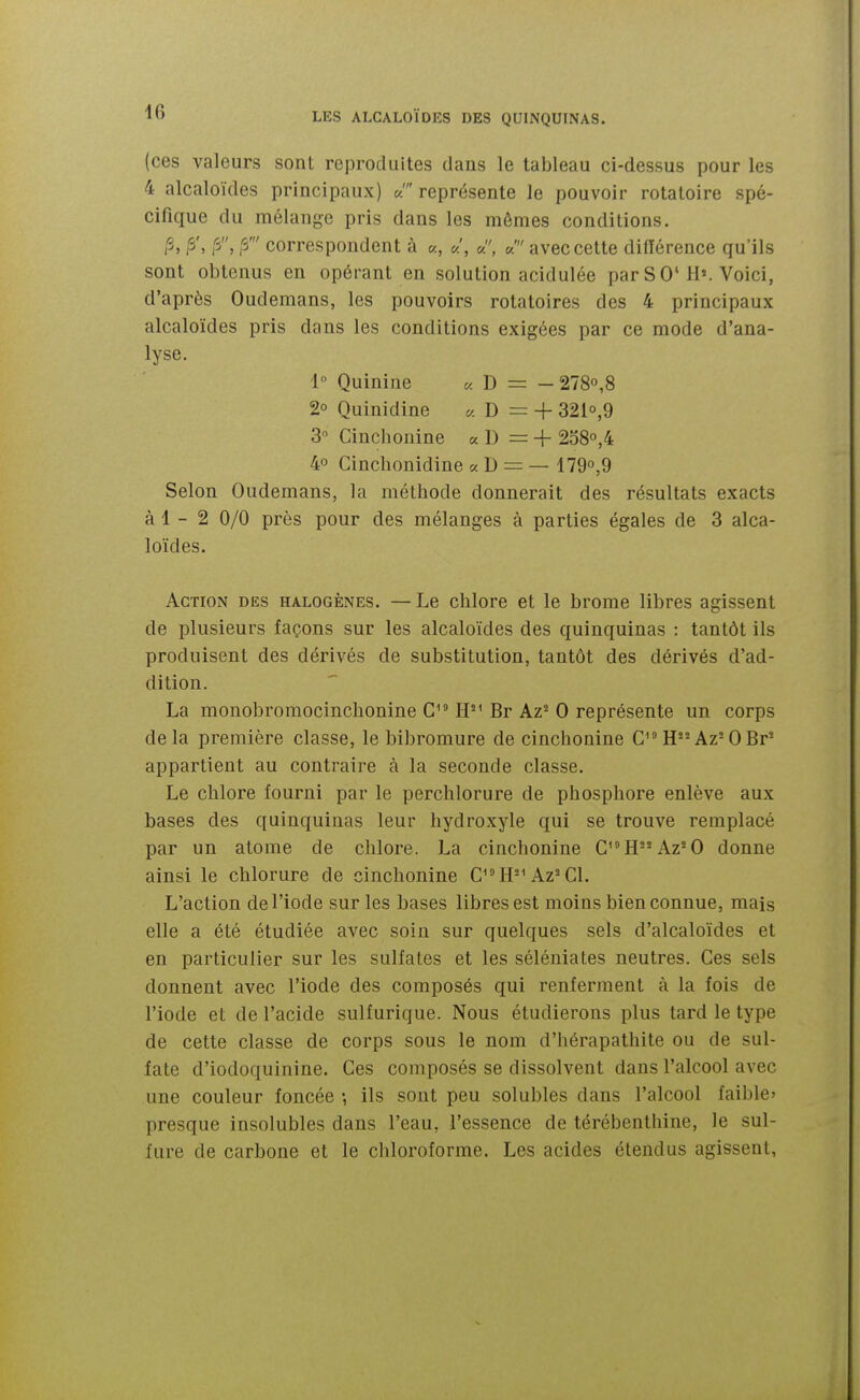 (ces valeurs sont reproduites dans le tableau ci-dessus pour les 4 alcaloïdes principaux) «' représente le pouvoir rota toi re spé- cifique du mélange pris dans les mômes conditions. fi, fi, 5' correspondent à «, avec cette différence qu'ils sont obtenus en opérant en solution acidulée par S 0* H'. Voici, d'après Oudemans, les pouvoirs rotatoires des 4 principaux alcaloïdes pris dans les conditions exigées par ce mode d'ana- lyse. 1° Quinine « D = — 278o,8 2o Quinidine a D = + 321o,9 3° Cinchouine « D = + 2o8o,4 4° Cinchonidine « D = — 179°,9 Selon Oudemans, la méthode donnerait des résultats exacts à 1 - 2 0/0 près pour des mélanges à parties égales de 3 alca- loïdes. AcimN DES HALOGÈNES. — Le chlore et le brome libres agissent de plusieurs façons sur les alcaloïdes des quinquinas : tantôt ils produisent des dérivés de substitution, tantôt des dérivés d'ad- dition. La monobromocinclionine C^MP^ Br Az='0 représente un corps delà première classe, le bibromure de cinchonine C^HAz'OBr' appartient au contraire à la seconde classe. Le chlore fourni par le perchlorure de phosphore enlève aux bases des quinquinas leur hydroxyle qui se trouve remplacé par un atome de chlore. La cinchonine C'H-Az^O donne ainsi le chlorure de cinchonine C^»H-^Az'Cl. L'action de l'iode sur les bases libres est moins bien connue, mais elle a été étudiée avec soin sur quelques sels d'alcaloïdes et en particulier sur les sulfates et les séléniates neutres. Ces sels donnent avec l'iode des composés qui renferment à la fois de l'iode et de l'acide sulfurique. Nous étudierons plus tard le type de cette classe de corps sous le nom d'hérapathite ou de sul- fate d'iodoquinine. Ces composés se dissolvent dans l'alcool avec une couleur foncée •, ils sont peu solubles dans l'alcool faible» presque insolubles dans l'eau, l'essence de térébenthine, le sul- fure de carbone et le chloroforme. Les acides étendus agissent,