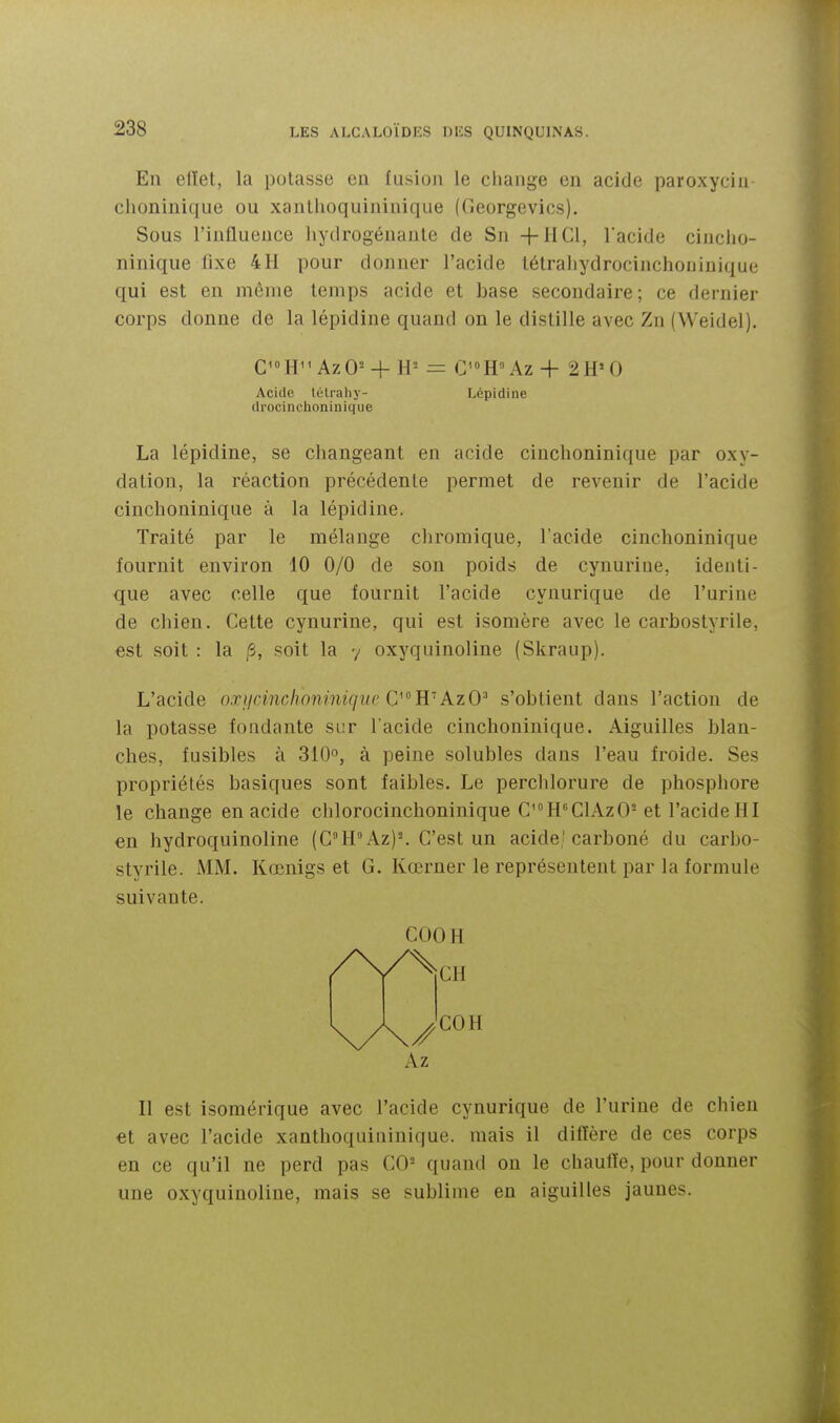 En eiïet, la potasse en fusion le change en acide paroxycin- clioninique ou xanlhoquininique (Georgevics). Sous l'influence hydrogénante de Sn +HC1, Tacide cincho- ninique fixe 4H pour donner l'acide létrahydrocinchoninique qui est en même temps acide et base secondaire; ce dernier corps donne de la lépidine quand on le distille avec Zn (Weidel). C'°H'^ AzO- 4- H= = C'^H^Az + 2H'0 Acide lélrahy- Lépidine drocinchoninique La lépidine, se changeant en acide cinchoninique par oxy- dation, la réaction précédente permet de revenir de l'acide cinchoninique à la lépidine. Traité par le mélange chromique, l'acide cinchoninique fournit environ 10 0/0 de son poids de cynurine, identi- que avec celle que fournit l'acide cynurique de l'urine de chien. Cette cynurine, qui est isomère avec le carbostyrile, est soit : la /5, soit la y oxyquinoline (Skraup). L'acide o.rncinclionmiquc O^E'AzO'^ s'obtient dans l'action de la potasse fondante sur l'acide cinchoninique. Aiguilles blan- ches, fusibles à 310, à peine solubles dans l'eau froide. Ses propriétés basiques sont faibles. Le perchlorure de phosphore le change en acide chlorocinchoninique CH'^ClAzO-et l'acide HI en hydroquinoline (CHAz)-. C'est un acide,'carboné du carbo- styrile. MM. Kcenigs et G. Kœrner le représentent par la formule suivante. COOH Az Il est isomérique avec l'acide cynurique de l'urine de chien et avec l'acide xanlhoquininique. mais il diffère de ces corps en ce qu'il ne perd pas C0= quand on le chauffe, pour donner une oxyquinoline, mais se sublime en aiguilles jaunes.