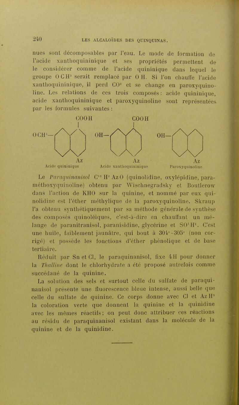 nues sont décomposables par l'eau. Le mode de formation de l'acide xanthoquininique et ses propriétés permettent de le considérer comme de l'acide quiniuique dans lequel le groupe OC H' serait remplacé par OH. Si l'on cliaufle l'acide -xanthoquininique, il perd CO' et se change en paroxyquino- line. Les relations de ces trois composés : acide quininique, acide xanthoquininique et paroxyquinoline sont représentées par les formules suivantes : GOOH COOH OCH'— Aci(l(î quininique Acide xanllio(iuiiiinique l'aroxyquinoline Le Pararjuinanisol C^''H''AzO (quinolidine, oxylépidine, para- méthoxyquinoline) obtenu par Wischnegradsky el Boutlerow dans l'action de KHO sur la quinine, et nommé par eux qui- nolidine est l'éther méthylique de la paroxyquinoline. Skraup l'a obtenu synthétiquement par sa méthode générale de synthèse des composés quinoléiques, c'est-à-dire en chauffant un mé- lange de paranitranisol, paranisidine, glycérine et SO*H-. C'est une huile, faiblement jaunâtre, qui bout à 30i°-305 (non cor- rigé) et possède les fonctions d'éther phénolique et de base tertiaire. Réduit par SnetCl, le paraquinanisol, fixe 4H pour donner la Thalline dont le chlorhydrate a été proposé autrefois comme succédané de la quinine. La solution des sels et surtout celle du sulfate de paraqui- nanisol présente une fluorescence bleue intense, aussi belle que celle du sulfate de quinine. Ce corps donne avec Cl et Az H^ la coloration verte que donnent la quinine et la quinidine avec les mêmes réactifs; on peut donc attribuer ces réactions au résidu de paraquinanisol existant dans la molécule de la quinine et de la quinidine.