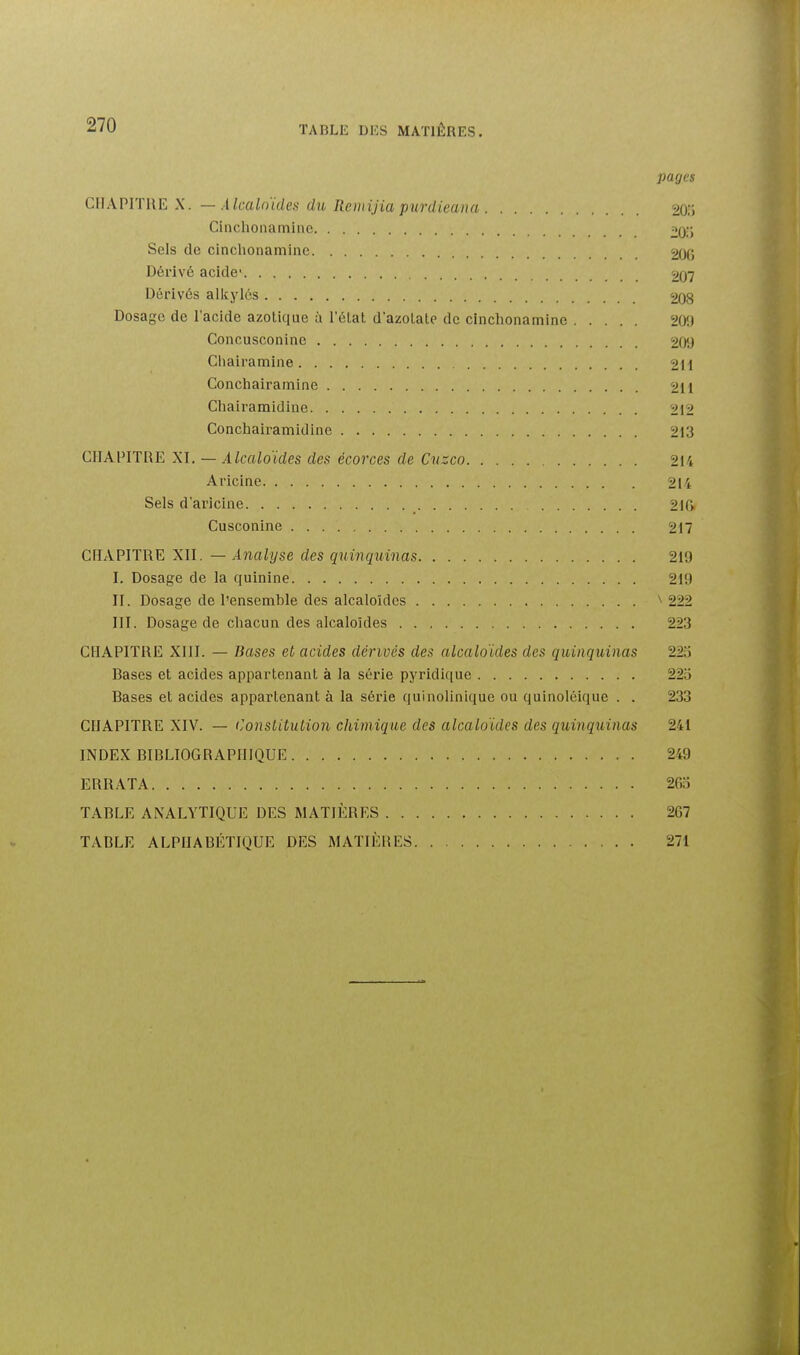 pages CHAPIÏUE X. — Àlcaln'ide)< du Reiiiijia purdieana 20:> Cinchonaminc 20!) Sels de cinchonaminc 200 Dérivé acide' 207 Dérivés allvylés 208 Dosage de l'acide azotique à l'état d'azotate de cinclionamine 20i) Concusconine 20'J Cliairamine 211 Conchairamine 211 Chairamidine 212 Conchairamidine 213 CHAPITRE XI. — Alcaloïdes des écorces de Cuzco 214 Aricine 214 Sels d'aricine 2\Cy Cusconine 217 CHAPITRE XII. — Analyse des quinquinas 219 I. Dosage de la quinine 219 II. Dosage de l'ensemble des alcaloïdes ^ 222 III. Dosage de chacun des alcaloïdes 223 CHAPITRE XIII. — Bases et acides dérivés des alcaloïdes des quinquinas 22o Bases et acides appartenant à la série pyridique 223 Bases et acides appartenant à la série quinolinique ou quinoléique . . 233 CHAPITRE XIV. — ilonslitution chimique des alcaloïdes des quinquinas 241 INDEX BIBLIOGRAPHIQUE 249 ERRATA 263 TABLE ANALYTIQUE DES MATIÈRES 267 TABLE ALPHABÉTIQUE DES MATIÈRES 271
