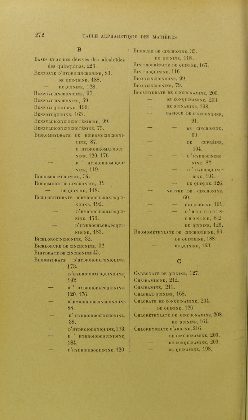 B Bases et acides dérivés des alcaloïdes des quinquinas, 22j. Renzoate n'iiynuociNcnoMNE, 83. — DE (JUlNiniNE. 188. — de quinine, 128. Benzoylcinciiomdine, 97. Benzoylcincuoni.n'e, 59. Bexzoylquimdine, 190. Bknzoylquinine, 165. Benzyldioxycinciioténidine, 99. Benzyldioxycixciioténi.ne, 75. BiBROMHYDRATE DE BinitOMOGINCIlONI- DINE, 87. — D'iIYDnOnROMAI'OQri- NixE, 120, 176. — 1) ' IlYDROBROMOQUI- NINE, 119. BiBROMOCINCHONINE, 34. BlBROMURE DE CINCHONINE, 34. — DE QUININE, 118. BiCHLORHYDRATE d'uYDROCHLORAPOQUI- NIDINE, 192. — d'hydrochlorapoqui- NINE, 175. — d'hydrochlorapoqui- NIDINE, lS3. BiCHLOROCINCHONINE, 32. BiCHLORURE DE CINCHONINE, 32. BiHYDRATK DE CINCHONINE 45. BlIODHYDRATE d'hYDROIODAPONIQUINE, 173. — D'hydroiodapoquinidine 192. — D ' HYDROI0DAPOQUININE, 120,176. — d'hydroiodocinchonidine 88. — d'hydroiodocinchonine, 38. — d'hydroiodoniquine,173. — D ' HYDROIODOQUIMDIN'E 184. — d'hydroiodoquinine, 120. BlIODURE DE CINCHONINE, 35. — DE QUININE, 118. niMinOPIlÉNATE DE QUININE, 167. BlNITROQUININE, 1 16. bloxycinciionidine, 99. Bioxycinchonine, 79. Bromhydrate de cinchonamine, 206. — de coxquina.mine, 203. — de quinamine, 198. BASIQUE DE CINCIIONIDINE, 91. — DE CINCHONINE , 60. — DE CUPRÉINE, 104. — — D ' HVDROCINCHO- NINE, 82. — — D ' HYDROQUINI- DINE, 194. — — DE QUIÎ^^INE, 126. — NEUTRE DE CINCHONINE, 60. — — de cupréine, 104. — — d'hydrocin- C H 0 N I N E, 8 2 — — DE QUININE, 126, BrOMOMÉTHYLATE DE CINCHONIDINE, 96. — DD QUINIDINE, 188. — DE QUININE, 163. c Carbonate de quinine, 127. Chairamidine, 212. Chairamine, 211. Chloralquinine, 168. Chlorate de conquinamine, 204. — DE quinine, 126. Chloréthylate de cinchonamine, 208. — de quinine, 164. Chlorhydrate d'aricine, 216. — DE cinchonamine, 206. — DE conquinamine, 203. — DE QUINA.MINE, 198.