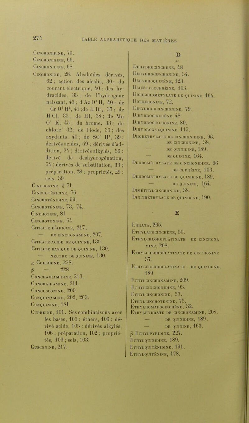 ClNCllONIFlNE, 70. ClNCIIONIGINE, CiNOHONILINE, (iS. (jNCiioNiNE, 28. Alcaloïdes clôlivés, 62; .action des alcalis, 30; du courant électrique, 40; des hy- dracides, 3;') ; de l'hydrogène naissant, 45 ; d'Az 0' II, 40 ; de CrOMP, 41;de H Br, 37; de H Cl, 3;) ; de HI, 38; de Mn 0* K, 4;); du brome. 33; du chlore' 32; de l'iode, 35; des oxydants, 40 ; de SO' H', 39 ; dérivés acides, 59 ; dérivés d'ad- dition, 3'i ; dérivés alkylés, 56; dérivé de deshydrogénation, 'M ; dérivés de substitution, 33 ; préparation, 28 ; propriétés, 29 : sels, 59. CiNCHOMXE, rj 71. ClNCHOTÉNICIiNE, 76. Cl.NCHOTÉ.NIDIN'E, 99. CiNCHOTÉNINE, 73, 74. CiNCnOTINE, 81 CiNCHOTO.XINE, 64. Citrate d'ahicine, 217. — de cincho.namine, 207. Citrate acide de quinine, 131). Citrate rasioi e de quinine, 130. — neutre i)e quinine, 130. ■x collidine, 228. /3 - 228. conciiairamidine, 213. Conciiaihamine, 211. concusconine, 209. Conquinamine, 202, 203. CoNQUININE, 181. CuPRÉiNE, 101. Ses combinaisons avec les bases, 105 ; éthers, 106 ; dé- rivé acide, 105 : dérivés alkylés, 106; préparation, 102 ; proprié- tés, 103; sels, 103. CUSCONINE, 217. D IJéiivdhocinciiène, 48. Déiivdrocinciionine, i)ÉIIVI)H()(JU|.Nfe\K, 123. DiACiCTVUCUPRÉINE, 105. DuniLOHOMÉTVLATE DE OUIMNE, 164. Dkiinciionine, 72. DlIlVlJHOIJICINCIIONl.NE. 79. iJlllVDROCINCHÈNE ,48 DlHVUROOINCUONINE, 80. DllIVDROXVI.OUININE, 115. DllOUÉTIIVLATE DE CINCHONIDINE, 9(j. — DE CINCnoXINE, 58. — DE QUIXIDINE, 189. — DE QUININE, 164. DllObO.MÈTIIVLATE DE CINCIIOMDINE, 96 — DE CUPRÉINE, 106. DlIODOMÉTIIVLATE DE QUINIDINE, 189. — DE QUININE, 164. DiMÉTIIYLCINCHONINE, 58. DiNITRÉTIIVLATE DE QUINIDINE, 190. E Errata,265. Etiivlapocinciiène, 50. Ethylcrloroplatinate de CINCnONA- MINE, 208. Etrylchloroplatinate de cin iionine 57. ETIIVLCnLOROPI.ATINATE DE QI IMDINE, 189. Ethylcinchonamine, 209. Etiiylcinchonidine, 95. Ethyl'.inchonine, 57. Etiivl::inciioténixe, 75. Ethylhomapocinciiêxe, 52. Etiivliiydhate de cinchonamine, 208. — de quinidine, 189. — de quinine, 163. S Etiiyu'yridine, 227. Etrylquinidine, 189. Etiiylquiténidine, 191. Ethvlquiténine, 178.
