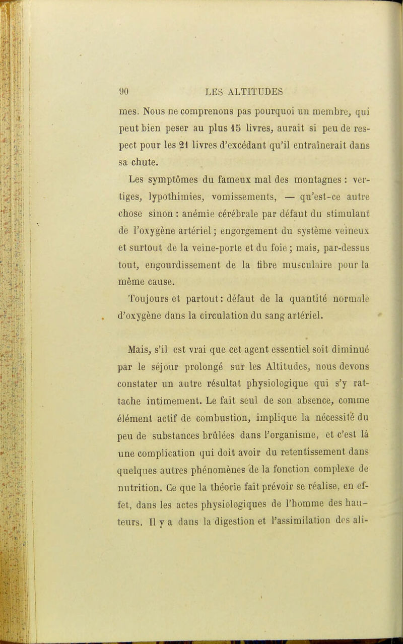 mes. Nous ne comprenons pas pourquoi un membre, qui peut bien peser au plus 15 livres, aurait si peu de res- pect pour les 21 livres d'excédant qu'il entraînerait dans sa chute. Les symptômes du fameux mal des montagnes : ver- liges, lypothimies, vomissements, — qu'est-ce autre chose sinon : anémie cérébrale par défaut du stimulant de l'oxygène artériel ; engorgement du système veineux et surtout de la veine-porle et du foie ; mais, par-dessus tout, engourdissement de la tibre musculaire pour la même cause. Toujours et partout: défaut de la quantité normale d'oxygène dans la circulation du sang artériel. Mais, s'il est vrai que cet agent essentiel soit diminué par le séjour prolongé sur les Altitudes, nous devons constater un autre résultat physiologique qui s'y rat- tache intimement. Le fait seul de son absence, comme élément actif de combustion, implique la nécessité du peu de substances brûlées dans l'organisme, et c'est là une complication qui doit avoir du retentissement dans quelques autres phénomènes de la fonction complexe de nutrition. Ce que la théorie fait prévoir se réalise, en ef- fet, dans les actes physiologiques de l'homme des hau- teurs. Il y a dans la digestion et l'assimilation dos ali- I