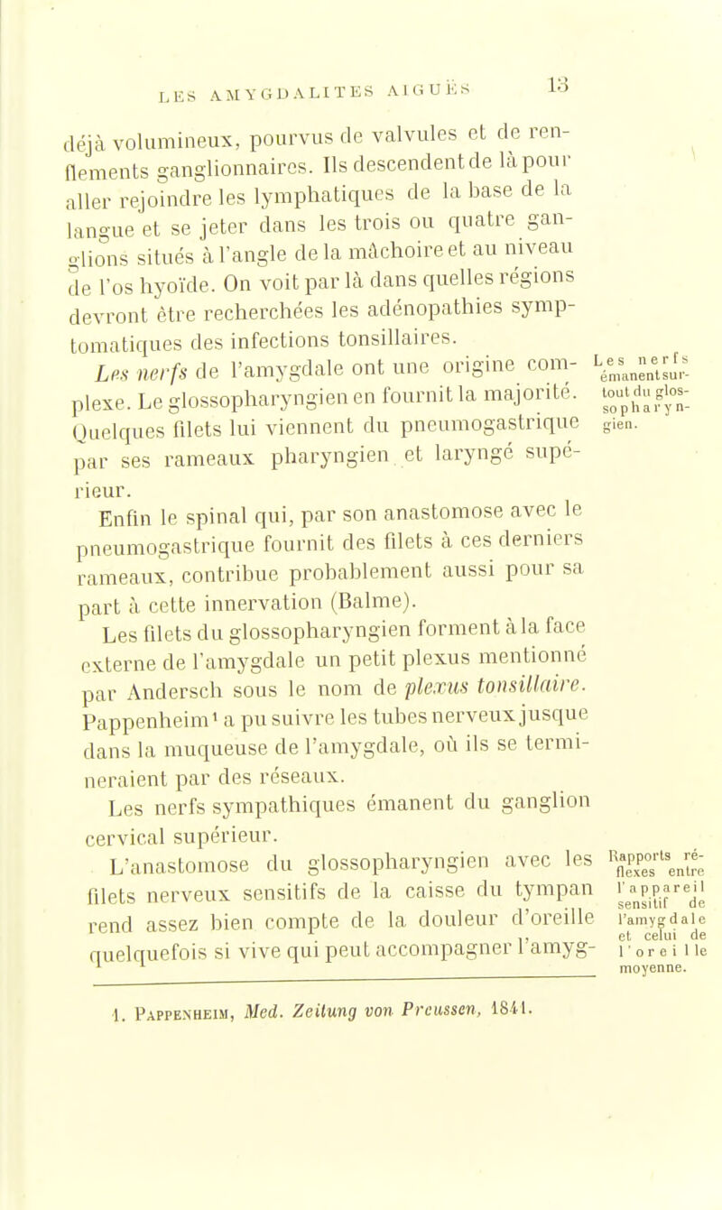 déjà volumineux, pourvus de valvules et de ren- flements ganglionnaires. Ils descendent de là pour aller rejoindre les lymphatiques de la base de la langue et se jeter dans les trois ou quatre gan- glions situés à l'angle delà mâchoire et au niveau de l'os hyoïde. On voit par là dans quelles régions devront être recherchées les adénopathies symp- tomatiques des infections tonsillaires. Lfis nerfs de l'amygdale ont une origine com- plexe. Le glossopharyngien en fournit la majorité. Quelques filets lui viennent du pneumogastrique par ses rameaux pharyngien et laryngé supé- rieur. Enfin le spinal qui, par son anastomose avec le pneumogastrique fournit des filets à ces derniers rameaux, contribue probablement aussi pour sa part à cette innervation (Balme). Les filets du glossopharyngien forment à la face externe de l'amygdale un petit plexus mentionné par Andersch sous le nom de plexus tonsiUaire. Pappenheimi a pu suivre les tubes nerveux jusque dans la muqueuse de l'amygdale, où ils se termi- neraient par des réseaux. Les nerfs sympathiques émanent du ganglion cervical supérieur. L'anastomose du glossopharyngien avec les filets nerveux sensitifs de la caisse du tympan rend assez bien compte de la douleur d'oreille quelquefois si vive qui peut accompagner l'amyg- L e s n e r r s énianentsuf- lout du glos- so p h a l'y n- sien. Rapports ré- flexes entre l'appareil sensitif de l'amy d al e et celui de 1 ' 0 r e i 1 le moyenne. 1. Pappe.nheim, Med. Zeitung von Prcasscn, 1841.