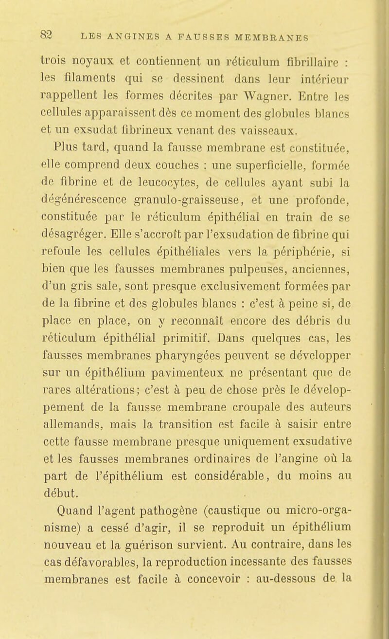 trois noyaux et contiennent un réticulum fibrillaire : les filaments qui se dessinent dans leur intérieur rappellent les formes décrites par Wagner. Entre les cellules apparaissent dès ce moment des globules blancs et un exsudât librineux venant des vaisseaux. Plus tard, quand la fausse membrane est constituée, elle comprend deux couches : une superficielle, formée de fibrine et de leucocytes, de cellules ayant subi la dégénérescence granulo-graisseuse, et une profonde, constituée par le réticulum épithélial en train de se désagréger. Elle s'accroît par l'exsudation de fibrine qui refoule les cellules épithéliales vers la périphérie, si bien que les fausses membranes pulpeuses, anciennes, d'un gris sale, sont presque exclusivement formées par de la fibrine et des globules blancs : c'est à peine si, de place en place, on y reconnaît encore des débris du réticulum épithélial primitif. Dans quelques cas, les fausses membranes pharyngées peuvent se développer sur un épithélium pavimenteux ne présentant que de rares altérations; c'est à peu de chose près le dévelop- pement de la fausse membrane croupale des auteurs allemands, mais la transition est facile à saisir entre cette fausse membrane presque uniquement exsudative et les fausses membranes ordinaires de l'angine où la part de l'épithélium est considérable, du moins au début. Quand l'agent pathogène (caustique ou micro-orga- nisme) a cessé d'agir, il se reproduit un épithélium nouveau et la guérison survient. Au contraire, dans les cas défavorables, la reproduction incessante des fausses membranes est facile à concevoir : au-dessous de la