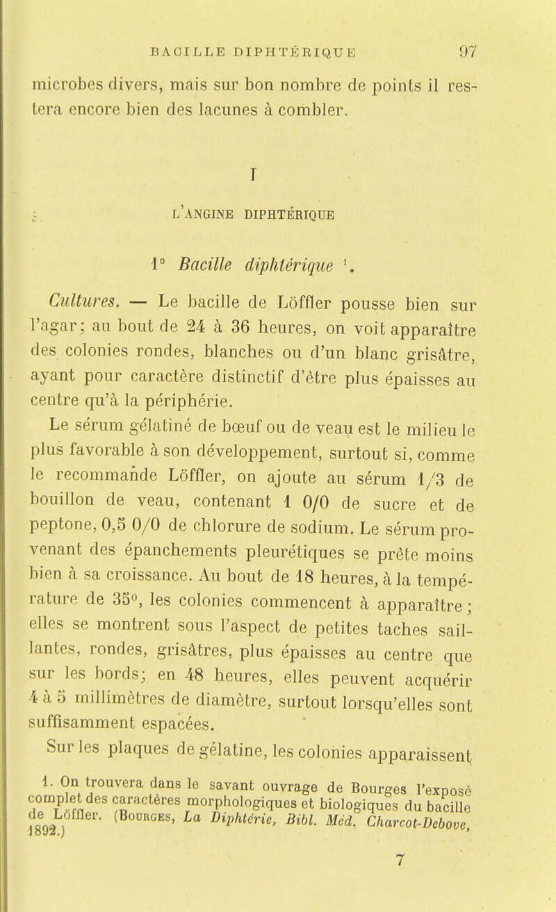 microbes divers, mais sur bon nombre de points il res- tera encore bien des lacunes à combler. I ^- l'angine diphtérique 1° Bacille diphtérique '. Cultures. — Le bacille de Lôffler pousse bien sur l'agar; au bout de 24 à 36 heures, on voit apparaître des colonies rondes, blanches ou d'un blanc grisâtre, ayant pour caractère distinctif d'être plus épaisses au centre qu'à la périphérie. Le sérum gélatiné de bœuf ou de veau est le milieu le plus favorable à son développement, surtout si, comme le recommande Lôffler, on ajoute au sérum 1/3 de bouillon de veau, contenant 1 0/0 de sucre et de peptone, 0,5 0/0 de chlorure de sodium. Le sérum pro- venant des épanchements pleurétiques se prête moins bien à sa croissance. Au bout de 18 heures, à la tempé- rature de 35°, les colonies commencent à apparaître ; elles se montrent sous l'aspect de petites taches sail- lantes, rondes, grisâtres, plus épaisses au centre que sur les bords; en 48 heures, elles peuvent acquérir 4 à S millimètres de diamètre, surtout lorsqu'elles sont suffisamment espacées. Sur les plaques de gélatine, les colonies apparaissent 1. On trouvera dans le savant ouvrage de Bourges l'exposé complet des caractères morphologiques et biologiques du bacille \m) i>î25/i<erje, Bibl. Mdd. Charcot-Debove