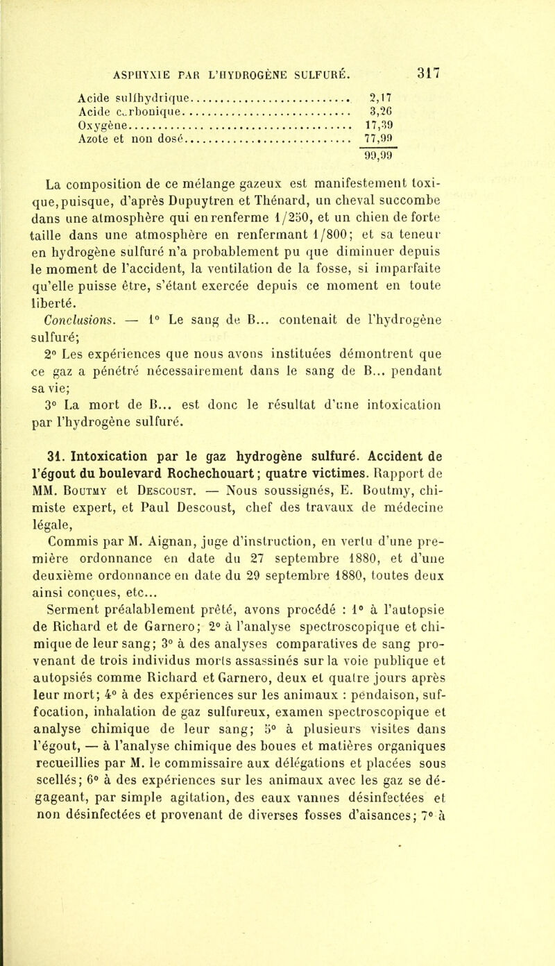 Acide suHhydrique 2,17 Acide carbonique 3,2G Oxygène 17,39 Azote et non dosé 77,99 99,99 La composition de ce mélange gazeux est manifestement toxi- que, puisque, d’après Dupuytren et Thénard, un cheval succombe dans une atmosphère qui en renferme 1/250, et un chien de forte taille dans une atmosphère en renfermant 1/800; et sa teneur en hydrogène sulfuré n’a probablement pu que diminuer depuis le moment de l’accident, la ventilation de la fosse, si imparfaite qu’elle puisse être, s’étant exercée depuis ce moment en toute liberté. Conclusions. — 1° Le sang de B... contenait de l’hydrogène sulfuré; 2° Les expériences que nous avons instituées démontrent que ce gaz a pénétré nécessairement dans le sang de B... pendant sa vie; 3° La mort de B... est donc le résultat d’une intoxication par l’hydrogène sulfuré. 31. Intoxication par le gaz hydrogène sulfuré. Accident de l’égout du boulevard Rochechouart ; quatre victimes. Rapport de MM. Boutmy et Descoust. — Nous soussignés, E. Boutmy, chi- miste expert, et Paul Descoust, chef des travaux de médecine légale. Commis par M. Aignan, juge d’instruction, en vertu d’une pre- mière ordonnance en date du 27 septembre 1880, et d’une deuxième ordonnance en date du 29 septembre 1880, toutes deux ainsi conçues, etc... Serment préalablement prêté, avons procédé ; 1° à l’autopsie de Richard et de Garnero; 2° à l’analyse spectroscopique et chi- mique de leur sang; 3° à des analyses comparatives de sang pro- venant de trois individus morts assassinés sur la voie publique et autopsiés comme Richard et Garnero, deux et quatre jours après leur mort; 4® à des expériences sur les animaux : pendaison, suf- focation, inhalation de gaz sulfureux, examen spectroscopique et analyse chimique de leur sang; 5® à plusieurs visites dans l’égout, — à l’analyse chimique des boues et matières organiques recueillies par M. le commissaire aux délégations et placées sous scellés; 6® à des expériences sur les animaux avec les gaz se dé- gageant, par simple agitation, des eaux vannes désinfectées et non désinfectées et provenant de diverses fosses d’aisances; 7® à