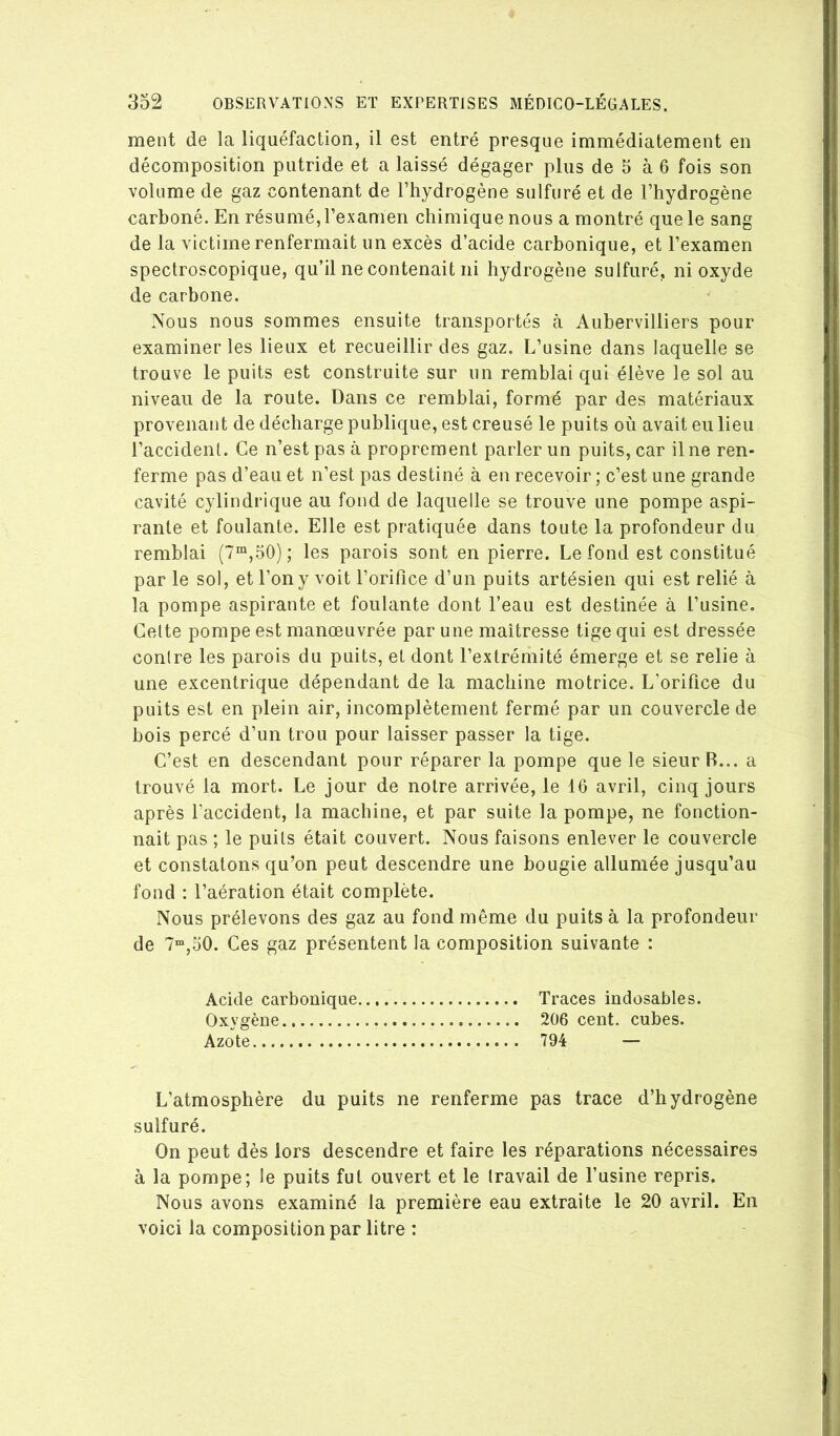 ment de la liquéfaction, il est entré presque immédiatement en décomposition putride et a laissé dégager plus de 5 à 6 fois son volume de gaz contenant de l’hydrogène sulfuré et de l’hydrogène carboné. En résumé, l’examen chimique nous a montré que le sang de la victime renfermait un excès d’acide carbonique, et l’examen spectroscopique, qu’il ne contenait ni hydrogène sulfuré, ni oxyde de carbone. Nous nous sommes ensuite transportés à Aubervilliers pour examiner les lieux et recueillir des gaz. L’usine dans laquelle se trouve le puits est construite sur un remblai qui élève le sol au niveau de la route. Dans ce remblai, formé par des matériaux provenant de décharge publique, est creusé le puits où avait eu lieu l’accident. Ce n’est pas à proprement parler un puits, car Une ren- ferme pas d’eau et n’est pas destiné à en recevoir ; c’est une grande cavité cylindrique au fond de laquelle se trouve une pompe aspi- rante et foulante. Elle est pratiquée dans toute la profondeur du remblai (7“,50); les parois sont en pierre. Le fond est constitué par le sol, et l’on y voit l’orifice d’un puits artésien qui est relié à la pompe aspirante et foulante dont l’eau est destinée à l’usine. Celte pompe est manœuvrée par une maîtresse tige qui est dressée conlre les parois du puits, et dont l’extrémité émerge et se relie à une excentrique dépendant de la machine motrice. L’orifice du puits est en plein air, incomplètement fermé par un couvercle de bois percé d’un trou pour laisser passer la tige. C’est en descendant pour réparer la pompe que le sieur R... a trouvé la mort. Le jour de notre arrivée, le 16 avril, cinq jours après l’accident, la machine, et par suite la pompe, ne fonction- nait pas ; le puits était couvert. Nous faisons enlever le couvercle et constatons qu’on peut descendre une bougie allumée jusqu’au fond : l’aération était complète. Nous prélevons des gaz au fond même du puits à la profondeur de 7“,50. Ces gaz présentent la composition suivante : Acide carbonique Traces indosables. Oxygène 206 cent, cubes. Azote 794 — L’atmosphère du puits ne renferme pas trace d’hydrogène sulfuré. On peut dès lors descendre et faire les réparations nécessaires à la pompe; le puits fut ouvert et le travail de l’usine repris. Nous avons examiné la première eau extraite le 20 avril. En voici la composition par litre :