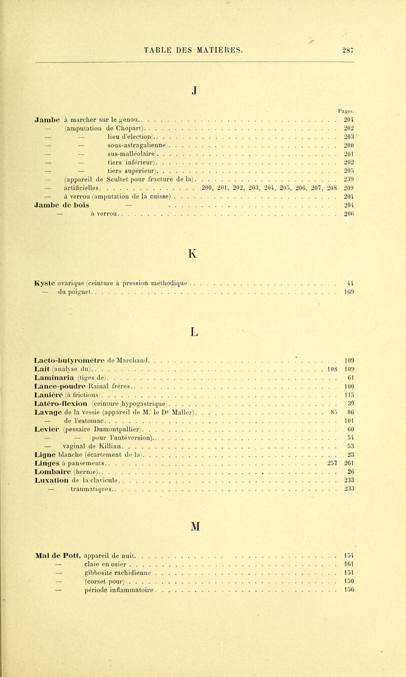 Pages. Jambe à marcher sur le f^enou 204 — (amputation de Chopart) 202 — — lieu d'élection;.. 203 — — sous-astragalienne) 200 — — sus-malléolaire) 201 — — tiers inférieur) 202 — — tiers supérieur) 20S — (appareil de Scultet pour fracture delà) 239 — artificielles 200, 201, 202, 20.3, 204, 203, 20G, 207, 208 209 — à verrou (amputation de la cuisse) 204 Jambe de bois — 204 — à verrou 206 K Kyste ovarique (ceinture à pression méthodiquei 44 — du poignet 169 L Laclo-butyromètre de Marchand .' 109 Laît (analyse du) 108 109 Laminaria (tiges dei 61 Lance-poudre Rainai frères 100 Lanière (à frictions 115 Latéro-flexion (ceinture hypogastriquei 39 Lavage de la vessie (appareil de M. le D' Mallez) 85 86 — de l'estomac 101 Levier (pessaire Dumontpallier) 60 — — pour l'antéversion) 54 — vaginal de Killian 53 Ligne blanche (écartement de la) 23 Linges à pansements 257 261 Lombaire (hernie) 26 Luxation de la clavicule 233 — traumatiques 233 M Mal de Pott, appareil de nuit 154 — claie en osier 161 — gibbosité rachidienno ' 151 — (corset pour) .... 150 — période inflammatoire 156