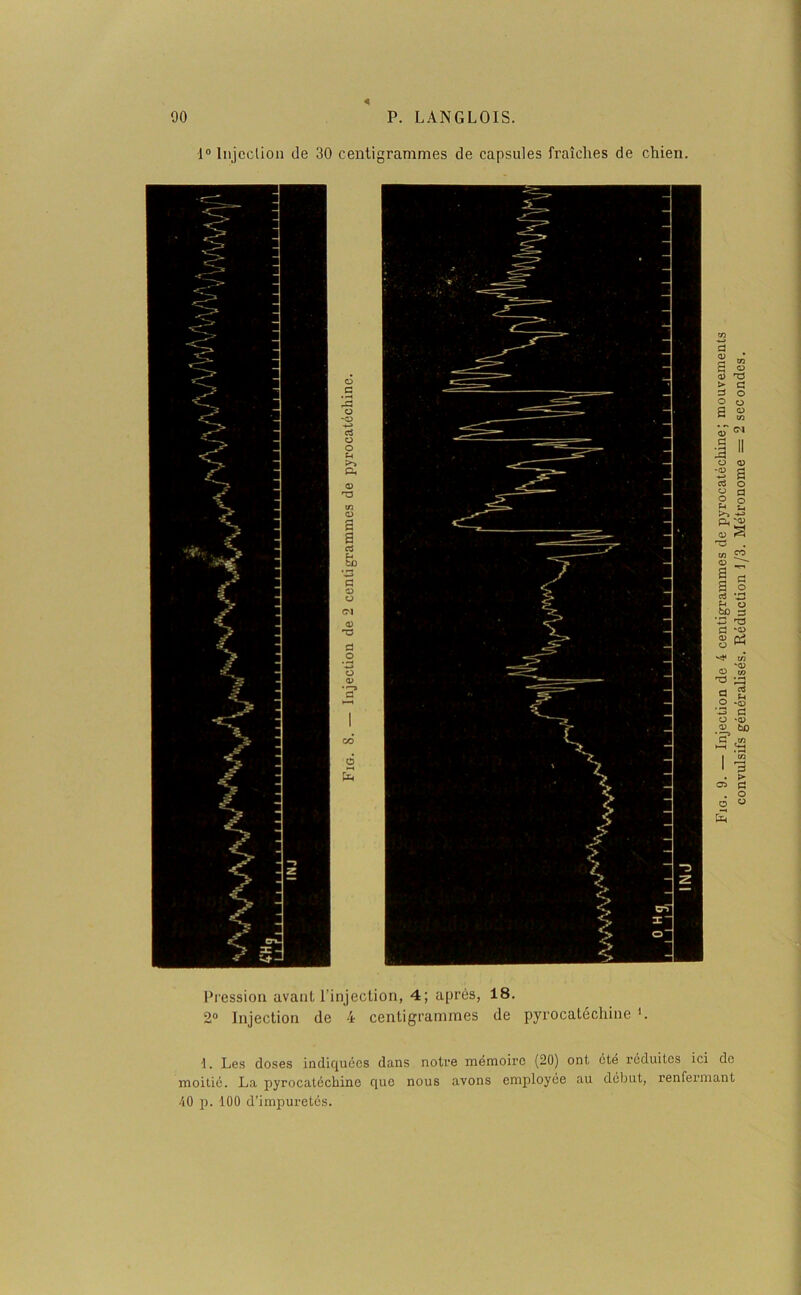 « 1° Injection de 30 centigrammes de capsules fraîches de chien. Pression avant l’injection, 4; après, 18. 2° Injection de 4 centigrammes de pyrocatéchine L d. Les doses indiquées dans notre mémoire (20) ont été réduites ici de moitié. La pyrocatéchine que nous avons employée au début, renfermant •d0 p. 100 d'impuretés. Fig. 9. — Injection de 4 centigrammes de pyrocatéchine; mouvements convulsifs généralisés. Réduction 1/3. Métronome = 2 secondes.