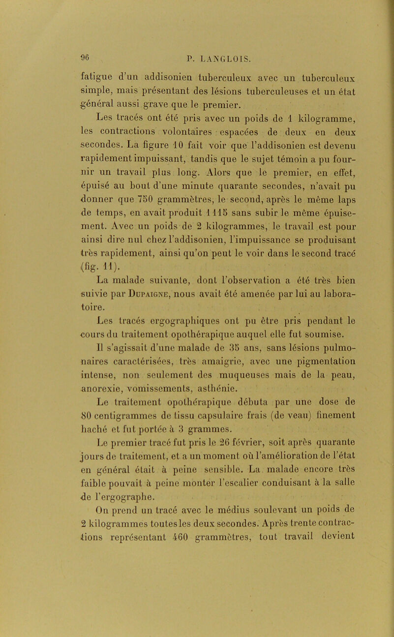 fatigue d’un addisonien tuberculeux avec un tuberculeux simple, mais présentant des lésions tuberculeuses et un état général aussi grave que le premier. Les tracés ont été pris avec un poids de 1 kilogramme, les contractions volontaires espacées de deux en deux secondes. La figure 10 fait voir que l’addisonien est devenu rapidement impuissant, tandis que le sujet témoin a pu four- nir un travail plus long. Alors que le premier, en effet, épuisé au bout d’une minute quarante secondes, n’avait pu donner que 750 grammètres, le second, après le même laps de temps, en avait produit 1115 sans subir le même épuise- ment. Avec un poids de 2 kilogrammes, le travail est pour ainsi dire nul chez l’addisonien, l’impuissance se produisant très rapidement, ainsi qu’on peut le voir dans le second tracé (fig. 11). La malade suivante, dont l’observation a été très bien suivie par Dupaigne, nous avait été amenée par lui au labora- toire. Les tracés ergographiqucs ont pu être pris pendant le cours du traitement opothérapique auquel elle fut soumise. 11 s’agissait d’une malade de 35 ans, sans lésions pulmo- naires caractérisées, très amaigrie, avec une pigmentation intense, non seulement des muqueuses mais de la peau, anorexie, vomissements, asthénie. Le traitement opothérapique débuta par une dose de 30 centigrammes de tissu capsulaire frais (de veau) finement haché et fut portée à 3 grammes. Le premier tracé fut pris le 26 février, soit après quarante jours de traitement, et a un moment où l’amélioration de l’état en général était à peine sensible. La malade encore très faible pouvait à peine monter l’escalier conduisant à la salle de l’ergographe. On prend un tracé avec le médius soulevant un poids de 2 kilogrammes toutesles deux secondes. Après trente contrac- tions représentant 460 grammètres, tout travail devient