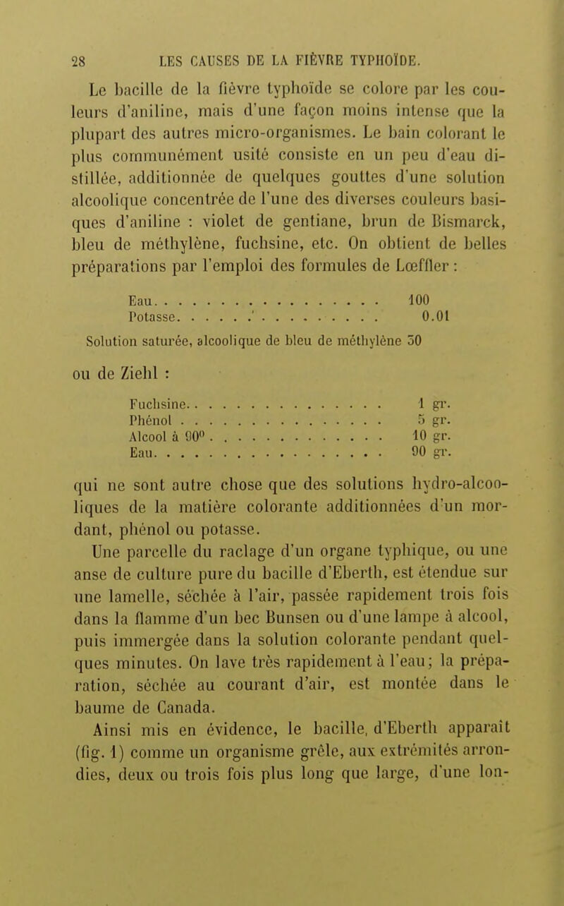 Le bacille de la fièvre typhoïde se colore par les cou- leurs d'aniline, mais d'une façon moins intense que la plupart des autres micro-organismes. Le bain colorant le plus communément usité consiste en un peu d'eau di- stillée, additionnée de quelques gouttes d'une solution alcoolique concentrée de l'une des diverses couleurs basi- ques d'aniline : violet de gentiane, brun de Bismarck, bleu de méthylène, fuchsine, etc. On obtient de belles préparations par l'emploi des formules de Lœffler : Eau 100 Potasse ■ 0.01 Solution saturée, alcoolique de bleu de méthylène 50 OU de Ziehl : Fuchsine t gr- Phénol 5 gr. Alcool à 90» 10 gr. Eau 90 gr. qui ne sont autre chose que des solutions hydro-alcoo- liques de la matière colorante additionnées d'un mor- dant, phénol ou potasse. Une parcelle du raclage d'un organe typhique, ou une anse de culture pure du bacille d'Eberth, est étendue sur une lamelle, séchée à l'air, passée rapidement trois fois dans la flamme d'un bec Bunsen ou d'une lampe à alcool, puis immergée dans la solution colorante pendant quel- ques minutes. On lave très rapidement à l'eau; la prépa- ration, séchée au courant d'air, est montée dans le baume de Canada. Ainsi mis en évidence, le bacille, d'Eberth apparaît (fig. 1) comme un organisme grêle, aux extrémités arron- dies, deux ou trois fois plus long que large, d'une Ion-