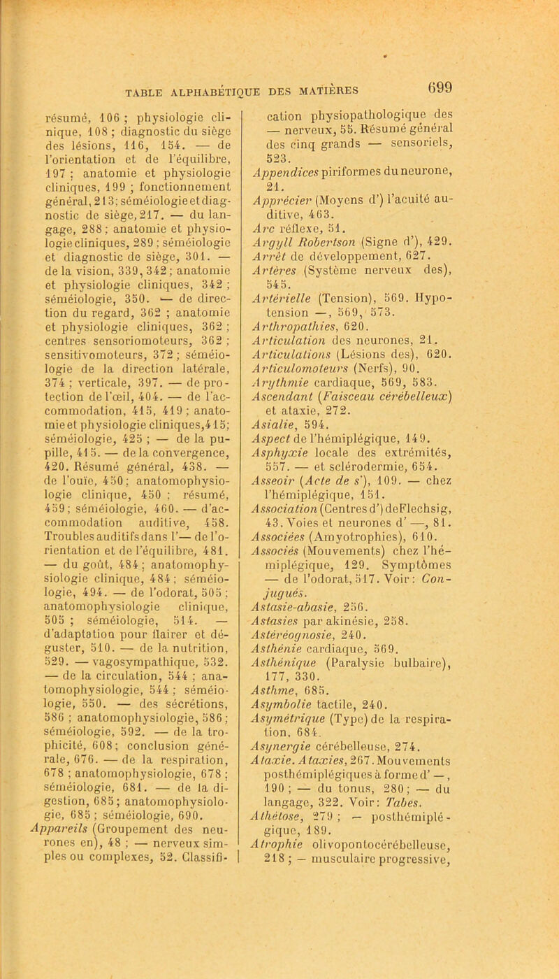 résumé, 106; physiologie cli- nique, 108; diagnostic du siège des lésions, 116, 134. — de Forientation et de l’équilibre, 197 : anatomie et physiologie cliniques, 199 ; fonctionnement général, 213; séméiologieet diag- nostic de siège, 217. — du lan- gage, 288 ; anatomie et physio- logie cliniques, 289 ; séméiologie et diagnostic de siège, 301. — de la vision, 339, 342 ; anatomie et physiologie cliniques, 342 ; séméiologie, 350. *— de direc- tion du regard, 362 ; anatomie et physiologie cliniques, 362 ; centres sensoriomoteurs, 362 ; sensitivomoteurs, 372 ; séméio- logie de la direction latérale, 374 ; verticale, 397. — de pro- tection de l'œil, 404. — de l'ac- commodation, 415, 419; anato- mie et physiologie cliniques,! 15; séméiologie, 425 ; — de la pu- pille, 415. — de la convergence, 420. Résumé général, 438. — de l’ouïe, 450; anatomophysio- logie clinique, 450 ; résumé, 459; séméiologie, 460. — d’ac- commodation auditive, 458. Troublesauditifsdans F— de Fo- rientation et de l’équilibre, 481. — du goût, 484; anatomophy- siologie clinique, 484; séméio- logie, 494. — de l’odorat, 505 ; anatomophysiologie clinique, 505 ; séméiologie, 514. — d’adaptatioQ pour llairer et dé- guster, 510. — de la nutrition, 529. —vagosympathique, 532. — de la circulation, 544 ; ana- tomophysiologie, 544 ; séméio- logie, 550. — des sécrétions, 586 ; anatomophysiologie, 586 ; séméiologie, 592. — de la tro- phicité, 608; conclusion géné- rale, 676.— de la respiration, 678 ; anatomophysiologie, 678 ; séméiologie, 681. — de la di- gestion, 685; anatomophysiolo- gie, 685 ; séméiologie, 690. Appareils (Groupement des neu- rones en), 48 ; — nerveux sim- ples ou complexes, 52. Glassilî- | cation physiopathologique des — nerveux, 55. Résumé général des cinq grands — sensoriels, 523. Appendices piriformes du neurone, 21. Apprécier (Moyens d') l’acuité au- ditive, 463. Arc réflexe, 51. Argyll Robertson (Signe d’), 429. Arrêt de développement, 627. Artères (Système nerveux des), 545. Artérielle (Tension), 569. Hypo- tension — , 569, 573. Arthropathies, 620. Articulation des neurones, 21. Articulations (Lésions des), 620. Articulomoteurs (Nerfs), 90. Arythmie cardiaque, 569, 583. Ascendant (Faisceau cérébelleux) et ataxie, 272. Asialie, 594. Aspect de l’hémiplégique, 149. Asphyxie locale des extrémités, 557. — et sclérodermie, 654. Asseoir (Acte de s’), 109. — chez l’hémiplégique, 151. A ssociation (Centres d’) deFlechsig, 43. Voies et neurones d’—, 81. Associées (Amyotrophies), 610. Associés (Mouvements) chez l’hé- miplégique, 129. Symptômes — de l’odorat,517. Voir: Con- jugués. Astasie-abasie, 256. Astasies par akinésie, 258. Astéréognosie, 240. Asthénie cardiaque, 569. Asthénique (Paralysie bulbaire), 177, 330. Asthme, 685. Asymbolie tactile, 240. Asymétrique (Type) de la respira- tion. 684. Asynergie cérébelleuse, 274. Ataxie. A taxies, 267. Mouvements posthémiplégiques à forme d’ —, 190; — du tonus, 280; — du langage, 322. Voir: Tabes. Alhélose, 279; — posthémiplé- gique, 189. Atrophie olivopontocérébelleusc, 218; — musculaire progressive,