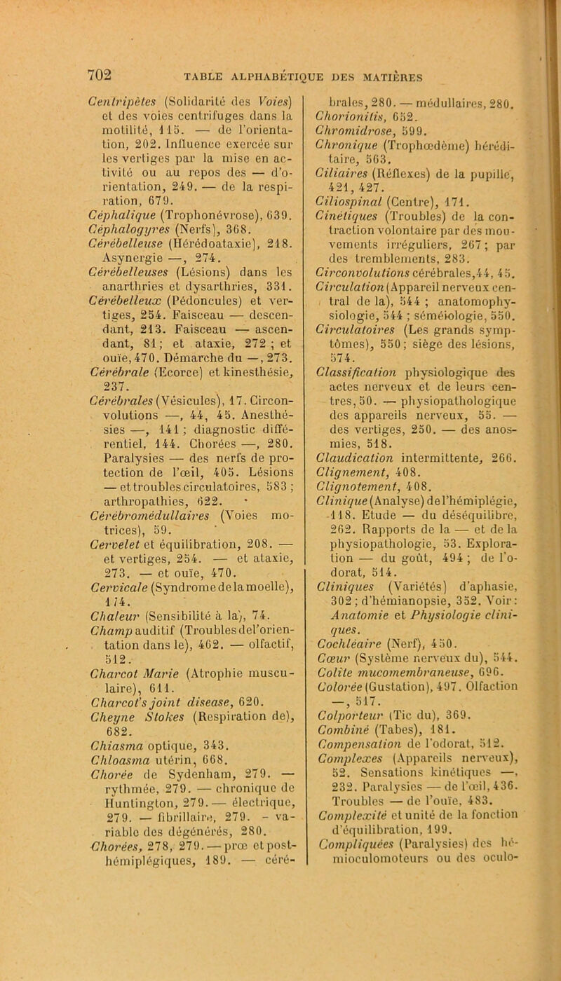 Centripètes (Solidarité des Voies) et des voies centrifuges dans la motilité, I IS. — de l’orienta- tion, 202. Inlluencc exercée sui- tes vertiges par la mise en ac- tivité ou au repos des — d’o- rientation, 249. — de la respi- ration, 679. Céphalique (ïrophonévrose), 639. Cèphalogyres (Nerfs), 368. Cérébelleuse (Hérédoataxie), 218. Asynergie —, 274. Cérébelleuses (Lésions) dans les anarthries et dysarthries, 331. Cérébelleux (Pédoncules) et ver- tiges, 254. Faisceau — descen- dant, 213. Faisceau — ascen- dant, SI; et ataxie, 272; et ouïe, 470. Démarche du —,273. Cérébrale (Ecorce) et kinesthésie, 237. Cérébrales (Vésicules), 17. Circon- volutions —, 44, 45. Anesthé- sies—, 141; diagnostic diffé- rentiel, 144. Chorées —, 280. Paralysies — des nerfs de pro- tection de l’œil, 405. Lésions — ettroublescirculatoires, 583 ; arthropathies, 622. Cérébromédullaires (Voies mo- trices), 59. Cervelet et équilibration, 208. — et vertiges, 254. — et ataxie, 273. — et ouïe, 470. Cervicale (Syndrome de la moelle), 174. Chaleur (Sensibilité à la), 74. Champ auditif (Troubles del’orien- tation dans le), 402. — olfactif, 512. Charcot Marie (Atrophie muscu- laire), 611. Charcot's joint disease, 620. Cheyne Stokes (Respiration de), 682. Chiasma optique, 343. Chloasma utérin, 068. Chorée de Sydenham, 279. — rythmée, 279. — chronique de Huntington, 279.— électrique, 279. — fibrillaire, 279. - va- riable des dégénérés, 280. Choj'ées, 278, 279. — proe et post- hémiplégiques, 189. — céré- brales, 280. — médullaires, 280. Chorionilis, 052. Chromidrose, 599. Chronique (Trophœdème) hérédi- taire, 563. Ciliaires (Réflexes) de la pupille, 421,427. Ciliospinal (Centre), 171. Cinétiques (Troubles) de la con- traction volontaire par des mou- vements irréguliers, 267 ; par des tremblements, 283. Circonvolutions cérébrales,44,4 5. Circulation (Appareil nerveux cen- tral de la), 544 ; anatomophy- siologie, 544 ; séméiologie, 550. Circulatoires (Les grands symp- tômes), 550; siège des lésions, 574. Classification physiologique des actes nerveux et de leurs cen- tres, 50. — physiopathologique des appareils nerveux, 55. — des vertiges, 250. — des anos- mies, 518. Claudication intermittente, 266. Clignement, 408. Clignotement, 408. Clinique (Analyse) del’hémiplégie, 118. Etude — du déséquilibre, 262. Rapports de la— et delà physiopathologie, 53. Explora- tion — du goût, 494 ; de l'o- dorat, 514. Cliniques (Variétés) d’aphasie, 302; d’hémianopsie, 352. Voir: Anatomie et Physiologie clini- ques. Cochléaire (Nerf), 450. Cœur (Système nerveux du), 544. Colite mucomembraneuse, 696. Colorée (Gustation), 497. Olfaction — , 517. Colporteur (Tic du), 369. Combiné (Tabes), 181. Compensation de l’odorat, 512. Complexes (Appareils nerveux), 52. Sensations kinétiques —, 232. Paralysies — de l’œil, 436. Troubles — de l’ouïe, 483. Complexité et unité de la fonction d’équilibration, 199. Compliquées (Paralysies) des hé- mioculomoteurs ou des oculo-