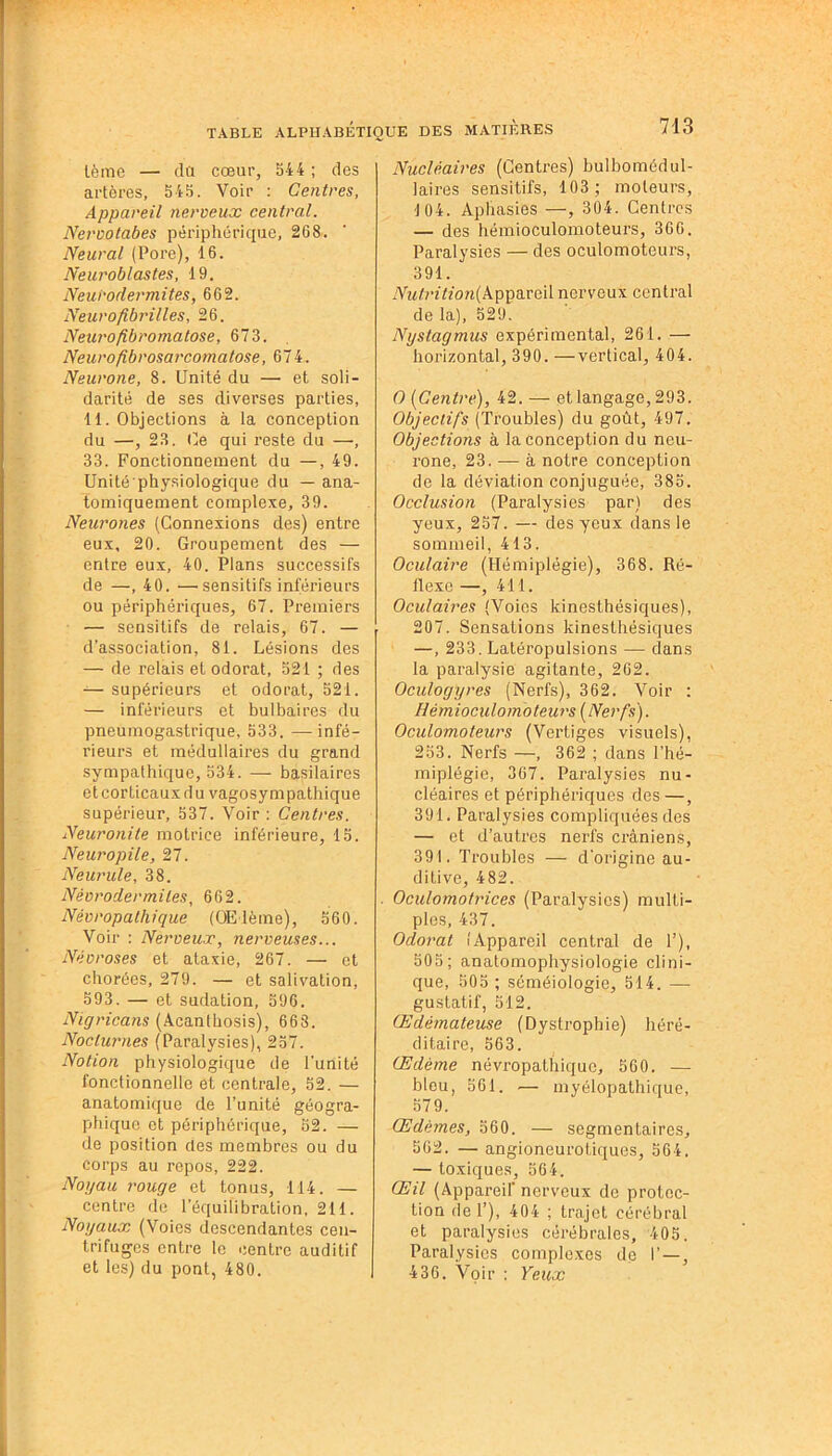 lème — dn cœur, 544; des artères, 545. Voir : Centres, Appareil nerveux central. Nervotabes périphérique, 268. Neural (Pore), 16. Neuroblastes, 19. Neurodermites, 662. Neurofibrilles, 26. Neurofibromatose, 673. Neurofibrosarcomatose, 674. Neurone, 8. Unité du — et soli- darité de ses diverses parties, 11. Objections à la conception du —, 23. Ce qui reste du —, 33. Fonctionnement du —, 49. Unité physiologique du — ana- tomiquement complexe, 39. Neurones (Connexions des) entre eux, 20. Groupement des — entre eux, 40. Plans successifs de —,40. —• sensitifs inférieurs ou périphériques, 67. Premiers — sensitifs de relais, 67. — d’association, 81. Lésions des — de relais et odorat, 521 ; des — supérieurs et odorat, 521. — inférieurs et bulbaires du pneumogastrique, 533. — infé- rieurs et médullaires du grand sympathique, 534. — basilaires etcorticauxdu vagosympathique supérieur, 537. Voir : Centres. Neuronite motrice inférieure, 15. Neuropile, 27. Neurule, 38. Nèvrodermiles, 662. Névropathique (Œdème), 560. Voir : Nerveux, nerveuses... Névroses et ataxie, 267. — et chorées, 279. — et salivation, 593. — et sudation, 596. Nigricans (Acanthosis), 663. Nocturnes (Paralysies), 257. Notion physiologique de l’unité fonctionnelle et centrale, 52. — anatomique de l’unité géogra- phique et périphérique, 52. — de position des membres ou du corps au repos, 222. Noyau rouge et tonus, 114. — centre de l’équilibration, 211. Noyaux (Voies descendantes cen- trifuges entre le centre auditif et les) du pont, 480. Nucléaires (Centres) bulbomédul- laires sensitifs, 103; moteurs, 104. Aphasies —, 304. Centres — des hémioculomoteurs, 366. Paralysies — des oculomoteurs, 391. iVwf?u7fon(Appareil nerveux central de la), 529. Nystagmus expérimental, 261. — horizontal, 390. —vertical, 404. O [Centre), 42. — et langage, 293. Objectifs (Troubles) du goût, 497. Objections à la conception du neu- rone, 23. — à notre conception de la déviation conjuguée, 385. Occlusion (Paralysies par) des yeux, 257. — des yeux clans le sommeil, 413. Oculaire (Hémiplégie), 368. Ré- llexc —, 411. Oculaires (Voies kinesthésiques), 207. Sensations kinesthésiques —, 233. Latéropulsions — clans la paralysie agitante, 262. Oculogyres (Nerfs), 362. Voir : Hémioculomoteurs [Nerfs). Oculomoteurs (Vertiges visuels), 253. Nerfs —, 362 ; clans l’hé- miplégie, 367. Paralysies nu- cléaires et périphériques des —, 391. Paralysies compliquées des — et d’autres nerfs crâniens, 391. Troubles — d'origine au- ditive, 482. Oculomotrices (Paralysies) multi- ples, 437. Odorat (Appareil central de 1’), 505; anatomophysiologie clini- que, 505 ; séméiologie, 514. — gustatif, 512. Œdémateuse (Dystrophie) héré- ditaire, 563. Œdème névropathique, 560. — bleu, 561. — myélopalhique, 579. Œdèmes, 560. — segmentaires, 562. — angioneurotiques, 564, — toxiques, 564. Œil (Appareil' nerveux de protec- tion de T), 404 ; trajet cérébral et paralysies cérébrales, 405. Paralysies complexes de I’ — 436. Voir : Yeux