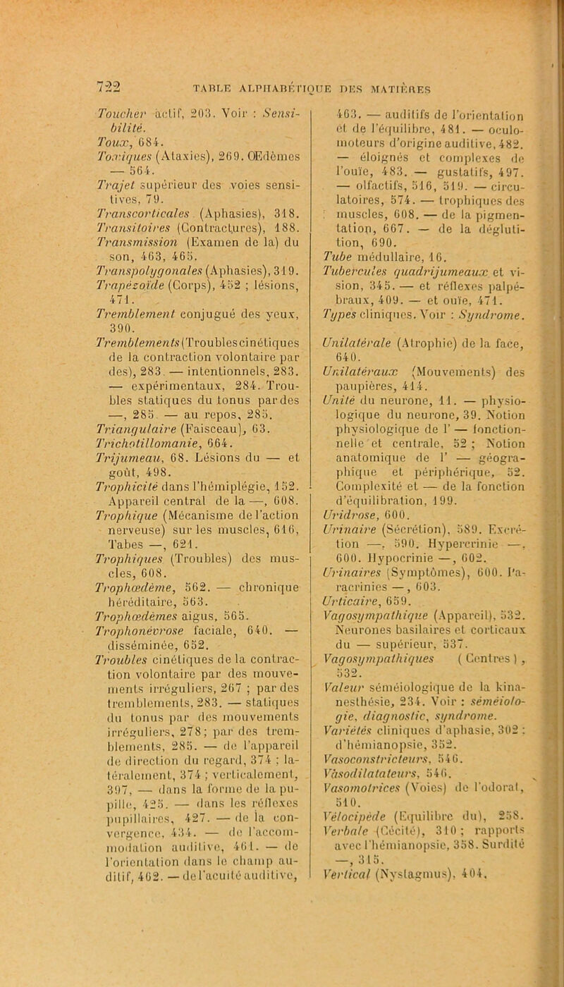 Toucher ixclif, 203. Voir : Sensi- bilité. Toux. 684. Toxiques (Ataxies), 209. OEdèines — 364. Trajet supérieur des voies sensi- tives, 79. Transcorticales (Aphasies), 318. Transitoires (Contractures), 188. Transmission (Examen de la) du son, 163, 465. Transpolygonales (Aphasies), 319. Trapézojde (Corps), 432 ; lésions, 471. Tremblement conjugué des yeux, 390. Tremblements (Trou blés ci né tiques de la contraction volontaire par des), 283. — intentionnels, 283. — expérimentaux, 284. Trou- bles statiques du tonus par des —, 285. — au repos, 283. Triangulaire (Faisceau), 03. Trichotillomanie, 664. Trijumeau, 68. Lésions du — et goût, 498. Trophicité dans l’hémiplégie, 152. Appareil central delà—, 608. Trophique (Mécanisme de l’action nerveuse) sur les muscles, 616, Tabes —, 621. Trophiques (Troubles) des mus- cles, 608. Trophœclème, 562. — chronique héréditaire, 563. Trophœdètnes aigus, 565. Trophonévrose faciale, 640. — disséminée, 652. 7'roubles cinétiques de la contrac- tion volontaire par des mouve- ments irréguliers, 267 ; par des tremblements, 283. — statiques du tonus par ries mouvements irréguliers, 278; par des trem- blements, 285. — de l’appareil de direction du regard, 374 ; la- téralement, 374 ; verticalement, 397, — dans la forme de la pu- pille, 425. — dans les réflexes pupillaires, 427. — de ia con- vergence, 434. — de l'accom- modation auditive, 461. — de l'orientation dans le champ au- ditif, 462. — del'acuilé auditive, 463. — auditifs de l’orientation et de l’équilibre, 4 81. — oculo- moteurs d’origine auditive, 482. — éloignés et complexes de l’ouïe, 483. — gustatifs, 4 97. — olfactifs, 516, 519. —circu- latoires, 574. — trophiques des muscles, 608. — de la pigmen- tation, 667. — de la dégluti- tion, 690. Tube médullaire, 16. Tubercules quadrijumeaux et vi- sion, 345. — et réflexes palpé- braux, 409. — et ouïe, 471. Typés cliniques. Voir : Syndrome. Unilatérale (Atrophie) de la face, 640. Unilatéraux (Mouvements) des paupières, 414. Unité du neurone, 11. — physio- logique du neurone, 39. Notion physiologique de T — fonction- nelle et centrale, 52; Notion anatomique de F — géogra- phique et périphérique, 52. Complexité et — de la fonction d’équilibration, 199. Uridrose, 600. Urinaire (Sécrétion), 589. Excré- tion -—, 590. Hypercrinie —. 600. Hypocrinie —, 602. Urinaires (Symptômes), 600. l’a- racrinies —, 603. Urticaire, 659. Vagosympathique (Appareil), 532. Neurones basilaires et corticaux du — supérieur, 537. Vagosympalhiques ( Centres ), 532. Valeur séméiologique de la kina- nesthésie, 234. Voir : séméiolo- gie, diagnostic, syndrome. Variétés cliniques d’aphasie, 302 : d’hémianopsie, 352. Vasoconstricteurs, 546. Vasodilatateurs, 546. Vasomotrices (Voies) de l’odorat, 510. Vélocipède (Equilibre du), 258. Verbale -(Cécité), 310; rapports avec l'hémianopsie, 358. Surdité —, 315. Vertical (Nyslagmus), 404.