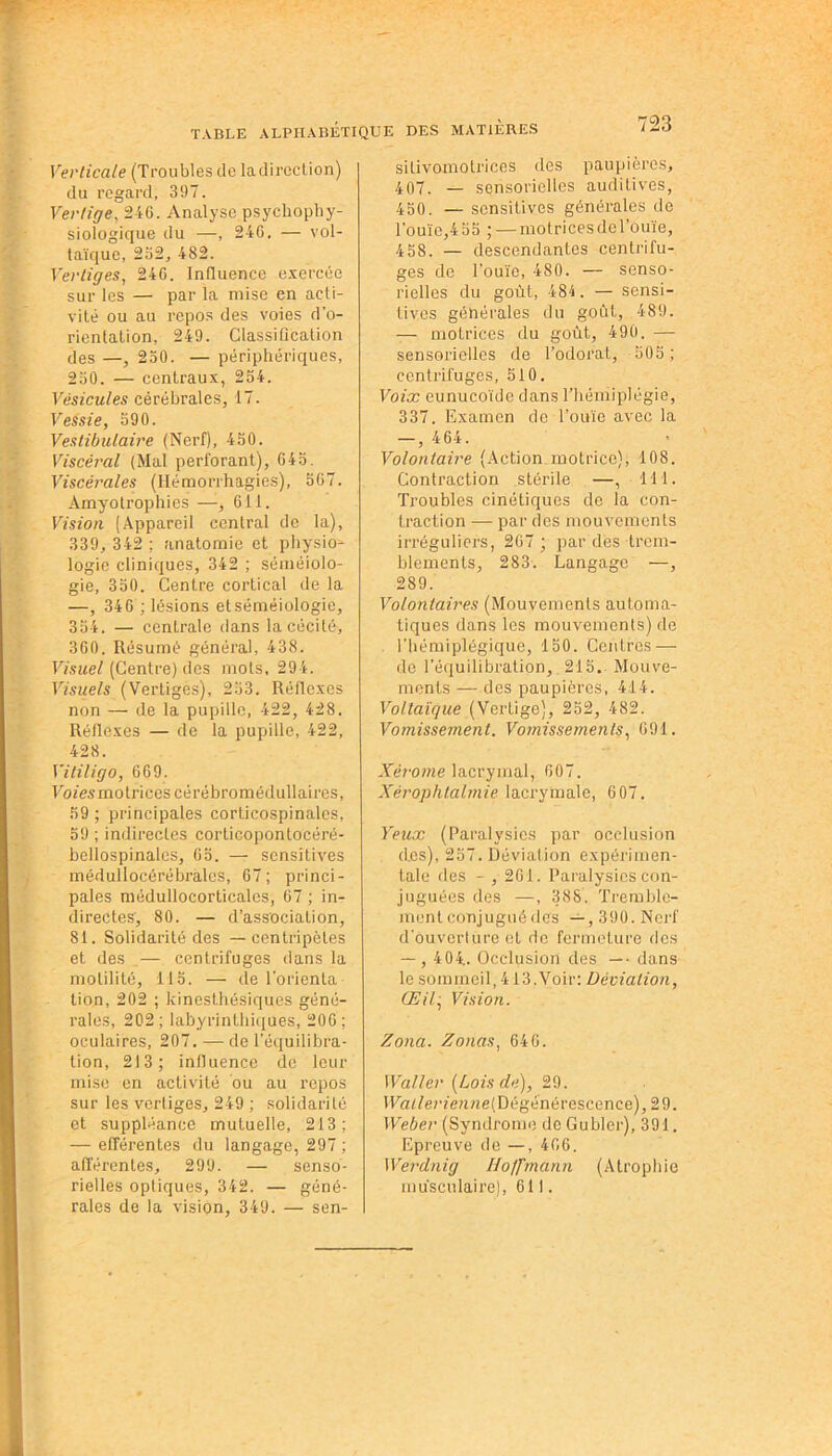 Verticale (Troubles de ladirection) du regard, 397. Vertige, 246. Analyse psychophy- siologique du —, 246. — vol- taïque, 252, 482. Vertiges, 246. Influence exercée sur les — par la mise en acti- vité ou au repos des voies d’o- rientation, 249. ClassiOcation des —, 250. — périphériques, 250. — centraux, 254. Vésicules cérébrales, 17. Vessie, 590. Vestibulaire (Nerf), 450. Viscéral (Mal perforant), 645. Viscérales (Hémorrhagies), 567. Amyolrophies —, 611. Vision (Appareil central de la), 339, 342 ; anatomie et physio- logie cliniques, 342 ; séméiolo- gie, 350. Centre cortical de la —, 346 ; lésions etséméiologie, 354. — centrale dans la cécité, 360. Résumé général, 438. Visuel (Centre) des mots, 294. Visuels (Vertiges), 253. Réflexes non — de la pupille, 422, 428. Réflexes — de la pupille, 422, 428. Vililigo, 669. Voies motrices cérébromédullaires, 59 ; principales corticospinales, 59 ; indirectes corlicopontocéré- bellospinalcs, 65. — sensitives médullocérébrales, 67; princi- pales médullocorticales, 67 ; in- directes, 80. — d’association, 81. Solidarité des — centripètes et des — centrifuges dans la motilité, 115. — de l'orienta lion, 202 ; kinesthésiques géné- rales, 202; labyrinthiques, 206; oculaires, 207. — de l’équilibra- tion, 213; influence de leur mise en activité ou au repos sur les vertiges, 249 ; solidarité et suppléance mutuelle, 213; — efférentes du langage, 297 ; afférentes, 299. — senso- rielles optiques, 342. — géné- rales de la vision, 349. — sen- sitivomotrices des paupières, 407. — sensorielles auditives, 450. — sensitives générales de l'ouïe,4 55 ; — motrices de 1 ouïe, 458. — descendantes centrifu- ges de l’ouïe, 480. — senso- rielles du goût, 484. — sensi- tives générales du goût, 489. — motrices du goût, 490. — sensorielles de l’odorat, 505; centrifuges, 510. Voix eunucoïde dans l’hémiplégie, 337. Examen de l’ouïe avec la — , 464. Volontaire (Action motrice), 108. Contraction stérile —, 111. Troubles cinétiques de la con- traction — par des mouvements irréguliers, 267 ; par des trem- blements, 283. Langage —, 289. Volontaires (Mouvements automa- tiques dans les mouvements) de l’hémiplégique, 150. Centres — de l’équilibration, 215. Mouve- ments — des paupières, 414. Voltaïque (Vertige), 252, 482. Vomissement. Vomissements, 691. Xèrome lacrymal, 607. Xérophtalmie lacrymale, 607. Yeux (Paralysies par occlusion des), 257. Déviation expérimen- tale des - , 261. Paralysies con- juguées des —, 388. Tremble- ment conjugué des — , 390. Nerf d'ouverture et de fermeture des — , 404.. Occlusion des —• dans le sommeil, 413.Voir: Déviation, Œil■ Vision. Zona. Zonas, 646. Waller [Lois de), 29. Wailerienne(Dégénérescence), 29. Weber (Syndrome de Gublcr), 391. Epreuve de —, 466. Werdnig Hoffmann (Atrophie musculaire), 611.