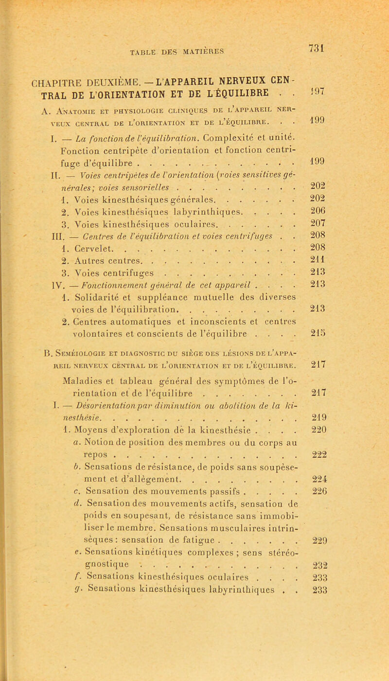 CHAPITRE DEUXIÈME. — L'APPAREIL NERVEUX CEN- TRAL DE L'ORIENTATION ET DE L ÉQUILIBRE . . 197 A. Anatomie et physiologie cliniques de l’appareil ner- veux CENTRAL DE L’ORIENTATION ET DE L’ÉQUILIBRE. . 199 I. — La fonction de l’équilibration. Complexité et unité. Fonction centripète d’orientation et fonction centri- fuge d’équilibre 199 II. — Voies centripètes de l'orientation (voies sensitives gé- nérales; voies sensorielles 202 1. Voies kinesthésiques générales 202 2. Voies kinesthésiques labyrinthiques 206 3. Voies kinesthésiques oculaires 207 III. — Centres de Véquilibration et voies centrifuges . . 208 1. Cervelet 208 2. Autres centres 211 3. Voies centrifuges 213 IV. —Fonctionnement général de cet appareil . . . 213 1. Solidarité et suppléance mutuelle des diverses voies de l’équilibration 213 2. Centres automatiques et inconscients et centres volontaires et conscients de l’équilibre .... 215 B. Séméiologie et diagnostic du siège des lésions de l’appa- reil NERVEUX CENTRAL DE L’ORIENTATION ET DE L’ÉQUILIBRE. 217 Maladies et tableau général des symptômes de l’o- rientation et de l’équilibre 217 I. — Désorientation par diminution ou abolition de la ki- nesthésie 219 1. Moyens d’exploration de la kinesthésie .... 220 a. Notion de position des membres ou du corps au repos 222 b. Sensations de résistance, de poids sans soupèse- ment et d’allègement 224 c. Sensation des mouvements passifs 226 d. Sensation des mouvements actifs, sensation de poids en soupesant, de résistance sans immobi- liser le membre. Sensations musculaires intrin- sèques : sensation de fatigue 229 e. Sensations kinétiques complexes ; sens stéréo- gnostique 232 f. Sensations kinesthésiques ocula ires .... 233 g. Sensations kinesthésiques labyrinthiques . . 233