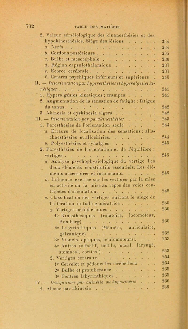 2. Valeur séméiologique des kinanesthésies et des hypokineslhésies. Siège des lésions 234 - a. Nerfs 234 b. Cordons postérieurs 235 c. Bulbe et mésocephale 230 d. Région capsulothalamiquc 237 e. Ecorce cérébrale 237 f. Centres psychiques inférieurs et supérieurs . 240 II. — Désorientation par hyperesthésies et hyperalgèsies Ici- nétiques 241 1. Hyperalgèsies kinétiques ; crampes 241 2. Augmentation de la sensation de fatigue : fatigue du tonus. . . . * 242 3. Akinesia et dyskinesia algera 242 III. — Désorientation par parakinesthésies 243 1. Paresthésies de l’orientation seule 244 a. Erreurs de localisation des sensations : alla- chaesthésies et allochiries 244 b. Polyesthésies et synalgies 245 2. Paresthésies de l’orientation et de l’équilibre : vertiges . 246 a. Analyse psychophysiologique du vertige. Les deux éléments constitutifs essentiels. Les élé- ments accessoires et inconstants 246 b. Influence exercée sur les vertiges par la mise en activité ou la mise au repos des voies cen- tripètes d’orientation. . ' 249 c. Classification des vertiges suivant le siège de l’altération initiale génératrice 250 «. Vertiges périphériques 250 lo Kinesthésiques (rotatoire, . locomoteur, Romberg) 250 2o Labyrinthiques (Ménière, auriculaire, galvanique) 252 3o Visuels (optiques, oculomoteurs). . . . 253 4o Autres (olfactif, tactile, nasal, laryngé, stomacal, cortical) 253 ■3. Vertiges centraux 254 1° Cervelet et pédoncules sérébelleux . . . 254 2° Bulbe et protubérance 25o 3° Centres labyrinthiques 25d IV. — Déséquilibre par akinésie ou hypokinésie . . . 256 1. Abasic par akinésie 256