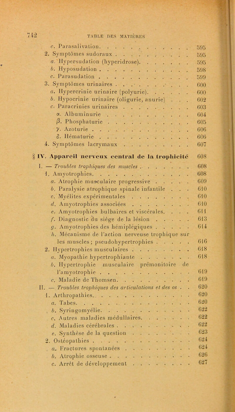 c. Parasalivalion 595 2. Symptômes sudoraux 595 a. Ilypersudation (hyperidrose) 595 b. Hyposudation 598 c. Parasudation 599 3. Symptômes urinaires - . . . 600 fl. Hypercrinie urinaire (polyurie) 600 b. Hypocrinie urinaire (oligurie, anurie) . . . 602 c. Paracrinies urinaires 603 a. Albuminurie 604 fi. Phosphaturie 605 y. Azoturie 606 S. Hématurie 606 4. Symptômes lacrymaux 607 IV. Appareil nerveux central (le la trophicilé 608 • ' — - I. — Troubles trophiques clés muscles 608 4. Amyotrophies 608 a. Atrophie musculaire progressive 609 b. Paralysie atrophique spinale infantile . . . 610 c. Myélites expérimentales 640 cl. Amyotrophies associées 610 e. Amyotrophies bulbaires et viscérales. . . . 641 f. Diagnostic du siège de la lésion 613 g. Amyotrophies des hémiplégiques 614 /(. Mécanisme de l’action nerveuse trophique sur les muscles; pseudohypertrophies 616 2. Hypertrophies musculaires 618 a. Myopathie hypertrophianle . 618 b. Hypertrophie musculaire prémonitoire de l’amyotrophie 019 c. Maladie de Thomsen 619 II. — Troubles trophiques des articulations et des os . . 620 4. Arthropathies 620 «. Tabes 620 . b. Syringomyélie 622 c. Autres maladies médullaires 622 cl. Maladies cérébrales 622 e. Synthèse de la question 623 2. Ostéopathies 624 a. Fractures spontanées 624 b. Atrophie osseuse 626 c. Arrêt de développement 627