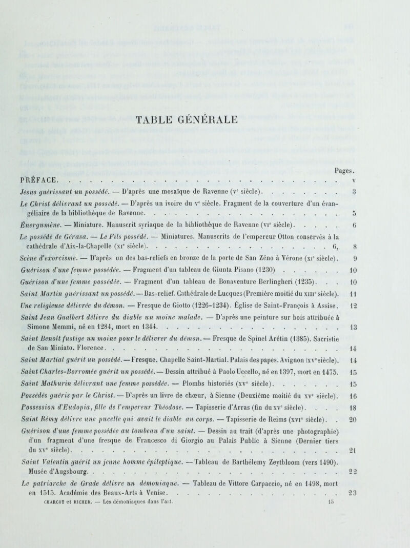 TABLE GÉNÉRALE Pages. PRÉFACE v Jésus guérissant un possédé. — D’après une mosaïque de Ravenne (ve siècle) 3 Le Christ délivrant un possédé. — D’après un ivoire du ve siècle. Fragment de la couverture d’un évan- géliaire de la bibliothèque de Ravenne 5 Énergumène. —Miniature. Manuscrit syriaque de la bibliothèque de Ravenne (vie siècle) G Le possédé de Gérasa. — Le Fils possédé. — Miniatures. Manuscrits de l’empereur Otton conservés à la cathédrale d’Aix-la-Chapelle (xie siècle) 6, 8 Scène d’exorcisme. — D’après un des bas-reliefs en bronze de la porte de San Zéno à Vérone (xie siècle). 9 Guérison d'une femme possédée. — Fragment d’un tableau de Giunta Pisano (1230) 10 Guérison d’une femme possédée. — Fragment d’un tableau de Ronaventure Rerlingberi (1235). . . 10 Saint Martin guérissant un possédé. — Ras-relief. Cathédrale de Lucques (Première moitié du xm° siècle). 11 Une religieuse délivrée du démon. — Fresque de Giotto (1226-1234). Église de Saint-François à Assise. 12 Saint Jean Gualbert délivre du diable un moine malade. — D’après une peinture sur bois attribuée à Simone Memmi, né en 1284, mort en 1344 13 Saint Benoît fustige un moine pour le délivrer du démon. — Fresque de Spinel Arétin (1385). Sacristie de San Miniato. Florence 14. Saint Martial guérit un possédé. — Fresque. Chapelle Saint-Martial. Palais des papes. Avignon (xvesiècle). 14 Saint Charles-Borromèe guérit un possédé.— Dessin attribué à PaoloUccello, né en 1397, mort en 1475. 15 Saint Mathurin délivrant une femme possédée. — Plombs historiés (xve siècle) 15 Possédés guéris par le Christ. — D’après un livre de chœur, à Sienne (Deuxième moitié du xv° siècle). 16 Possession d’Eudopia, fille de l’empereur Théodose. — Tapisserie d’Arras (fin duxv* siècle). ... 18 Saint Bémy délivre une pucelle gui avait le diable au corps. — Tapisserie de Reims (xvi° siècle). . 20 Guérison d'une femme possédée au tombeau d'un saint. — Dessin au trait (d’après une photographie) d’un fragment d’une fresque de Francesco di Giorgio au Palais Public à Sienne (Dernier tiers du xve siècle) 21 Saint Valentin guérit un jeune homme épileptique. —Tableau de Barthélemy Zeytbloom (vers 1490). Musée d’Augsbourg 22 Le patriarche de Grade délivre un démoniaque. — Tableau de Vittore Carpaccio, né en 1498, mort en 1515. Académie des Beaux-Arts à Venise 23 charcot et richer. — Les démoniaques dans l’art. 15