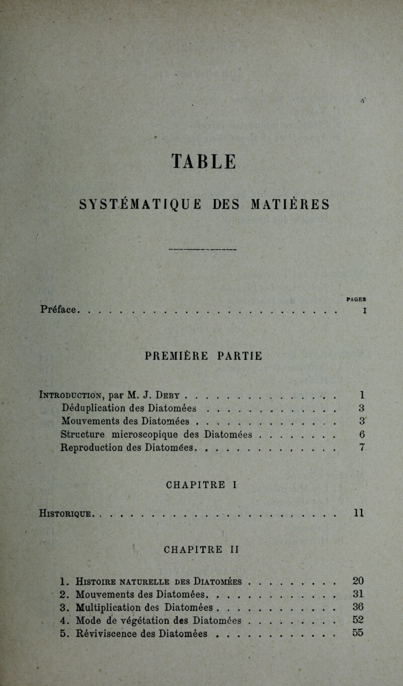 TABLE SYSTÉMATIQUE DES MATIÈRES PAGES Préface X PREMIÈRE PARTIE Introduction, par M. J. Deby 1 Déduplication des Diatomées 3 Mouvements des Diatomées 3 Structure microscopique des Diatomées 6 Reproduction des Diatomées 7 CHAPITRE I Historique 11 CHAPITRE II 1. Histoire naturelle des Diatomées 20 2. Mouvements des Diatomées 31 3. Multiplication des Diatomées 36 4. Mode de végétation des Diatomées 52