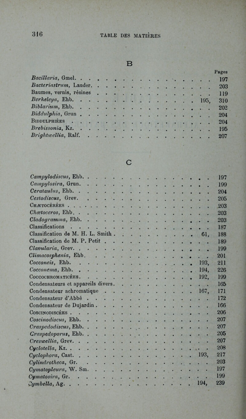 B Pages Bacillciria, Gmel Bacteriastrum, Lauder 203 Baumes, vernis, résines 119 Berkeleya, Ehb 195, 310 Biblarium, Ehb 202 Biddulphia, Grun 204 Biddulphiées 204 Brebissonia, Kz 195 Brightvoellia, Ralf. 207 c Campylodiscus, Ehb 197 Campylosira, Grun 199 Cerataulus, Ehb 204 Cestodiscus, Grev 205 Chætocérées 203 Chœtoceros, Ehb 203 Cladogramma, Ehb 203 Classifications 187 Classification de M. H. L. Smith 61, 188 Classification de M. P. Petit 189 Clavularia, Grev 199 Climacosphenia, Ehb 201 Cocconeis, Ehb 193, 211 Cocconema, Ehb 194, 226 COCCOCHROMATICÉES 192, 199 Condensateurs et appareils divers 165 Condensateur achromatique 167, 171 Condensateur d’Abbé 172 Condensateur de Dujardin 166 Coscinodiscées 206 Coscinodiscus, Ehb 207 Craspedodiscus, Ehb 207 Craspedoporus, Ehb 205 Creswellia, Grev 207 Cyclotella, Kz 208 Cyclophora, Cast 193, 217 Cylindrotheca, Gr 203 Cymatopleura, W. Sm 197 Cymatosira, Gr 199 Cymbella, A g 194, 239