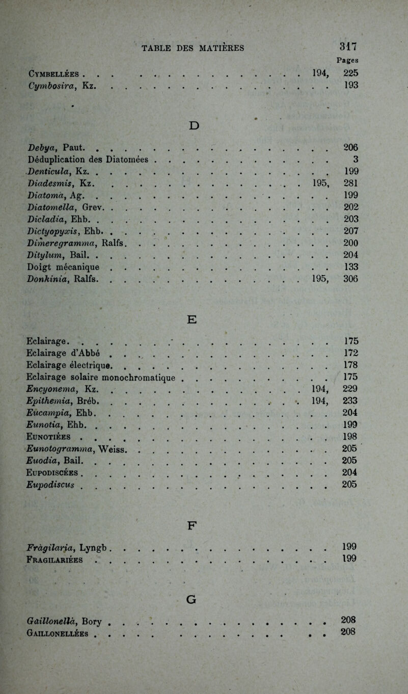 Pages Cymbellées ... 194, 225 Cymbosira, Kz 193 D Debya, Paut 206 Déduplication des Diatomées 3 .Denticula, Kz 199 Diadesmis, Kz . 195, 281 Diatomà, Ag 199 Diatomella, Grev 202 Dicladia, Ehb 203 Dictyopyxis, Ehb 207 Dimeregramma, Ralfs 200 Ditylum, Bail 204 Doigt mécanique 133 Donkinia, Ralfs 195, 306 E Eclairage * 175 Eclairage d’Abbé 172 Eclairage électrique 178 Eclairage solaire monochromatique 175 Encyonemà, Kz. 194, 229 Epithemia, Bréb. . ». 194, 233 Eücampia, Ehb 204 Eunotia, Ehb 199 Eunotiées 198 Eunotogramma, Weiss 205 Euodia, Bail. . 205 Eupodiscées 204 Eupodiscus 205 F Fràgilaria, Lyngb 199 Fragilàriées 199 G Gaillonellà, Bory Gaillonellées . 208