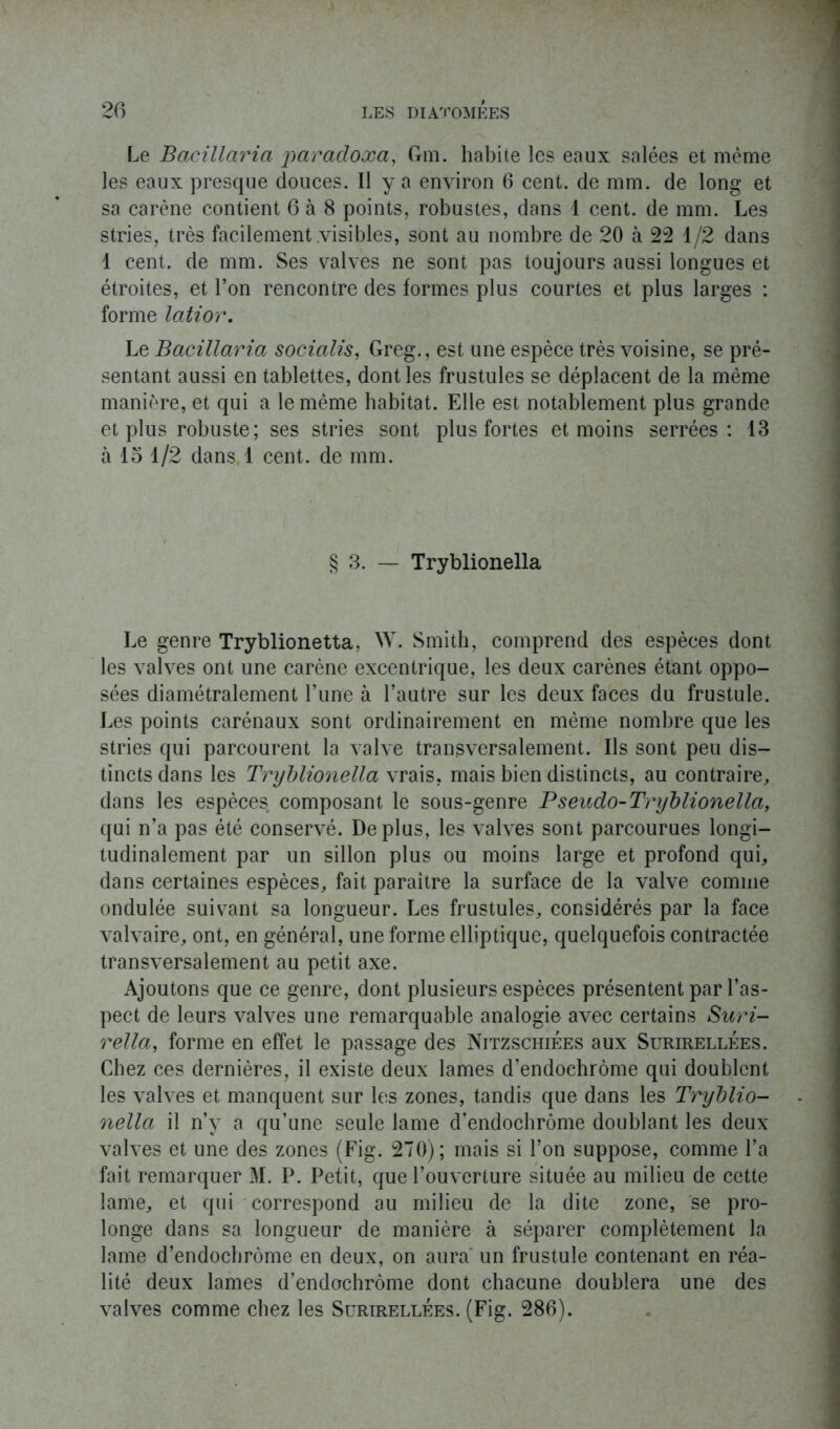 Le Bacillaria paradoxa, Gm. habite les eaux salées et même les eaux presque douces. Il y a environ 6 cent, de mm. de long et sa carène contient 6 à 8 points, robustes, dans 1 cent, de mm. Les stries, très facilement .visibles, sont au nombre de 20 à 22 1/2 dans 1 cent, de mm. Ses valves ne sont pas toujours aussi longues et étroites, et l’on rencontre des formes plus courtes et plus larges : forme latior. Le Bacillaria socialis, Greg., est une espèce très voisine, se pré- sentant aussi en tablettes, dont les frustules se déplacent de la même manière, et qui a le même habitat. Elle est notablement plus grande et plus robuste; ses stries sont plus fortes et moins serrées: 13 à lo 1/2 dans 1 cent, de mm. § 3. — Tryblionella Le genre Tryblionetta, W. Smith, comprend des espèces dont les valves ont une carène excentrique, les deux carènes étant oppo- sées diamétralement l’une à l’autre sur les deux faces du frustule. Les points carénaux sont ordinairement en même nombre que les stries qui parcourent la valve transversalement. Ils sont peu dis- tincts dans les Tryblionella vrais, mais bien distincts, au contraire, dans les espèces composant le sous-genre Pseudo-Tryblionella, qui n’a pas été conservé. Déplus, les valves sont parcourues longi- tudinalement par un sillon plus ou moins large et profond qui, dans certaines espèces, fait paraître la surface de la valve comme ondulée suivant sa longueur. Les frustules, considérés par la face valvaire, ont, en général, une forme elliptique, quelquefois contractée transversalement au petit axe. Ajoutons que ce genre, dont plusieurs espèces présentent par l’as- pect de leurs valves une remarquable analogie avec certains Suri- rella, forme en effet le passage des Nitzschiées aux Surirellées. Chez ces dernières, il existe deux lames d’endochrôme qui doublent les valves et manquent sur les zones, tandis que dans les Tryblio- nella il n’y a qu’une seule lame d’endochrôme doublant les deux valves et une des zones (Fig. 270); mais si l’on suppose, comme l’a fait remarquer M. P. Petit, que l’ouverture située au milieu de cette lame, et qui correspond au milieu de la dite zone, se pro- longe dans sa longueur de manière à séparer complètement la lame d’endochrôme en deux, on aura un frustule contenant en réa- lité deux lames d’endochrôme dont chacune doublera une des valves comme chez les Surirellées. (Fig. 286).