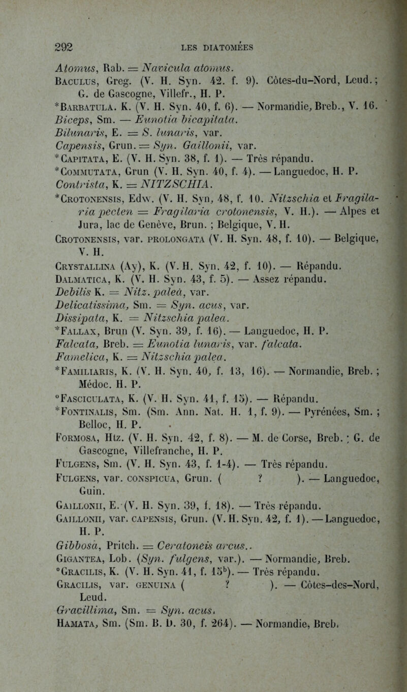 Atomus, Rab. = Navicula atomus. Baculus, Greg. (Y. H. Syn. 42. f. 9). Côtes-du-Nord, Leud.; G. de Gascogne, Yillefr., H. P. *Barbatula. K. (V. H. Syn. 40, f. 6). — Normandie, Breb., V. 16. Biceps, Sm. — Eunotia bicapitata. Bilunaris, E. = S. lunaris, var. Capensis, Grun. — Syw. Gaillonii, var. * Capitata, E. (V. H. Syn. 38, f. 1). — Très répandu. * Commutât a, Grun (V. H. Syn. 40, f. 4). —Languedoc, H. P. Contrista, K. = NITZSCHIA. *Crotonensis, Edw. (Y. H. Syn, 48, f. 10. Nitzschia ziTragila- ria pecten = Fragilaria crotonensis, Y. H.). —Alpes et Jura, lac de Genève, Brun. ; Belgique, V. H. Crotonensis, var. prolongata (V. H. Syn. 48, f. 10). — Belgique, Y. H. Crystallina (Ay), K. (V. H. Syn. 42, f. 10). — Répandu. Dalmatica, K. (V. H. Syn. 43, f. 5). — Assez répandu. Bebilis K. = Nitz. paleà, var. Belicatissima, Sm. — Syn. acus, var. Bissipata, K. = Nitzschia palea. *Fallax, Brun (V. Syn. 39, f. 16). — Languedoc, H. P. Falcata, Breb. = Eunotia lunaris, var. falcata. Famelica, K. = Nitzschia palea. *Familiaris, K. (V. H. Syn. 40, f. 13, 16). — Normandie, Breb. ; Médoc. H. P. °Fasciculata, K. (V. H. Syn. 41, f. 15). — Répandu. *Fontinalis, Sm. (Sm. Ann. Nat. H. 1, f. 9). — Pyrénées, Sm. ; Belloc, H. P. Formosa, Htz. (V. H. Syn. 42, f. 8). — M. de Corse, Breb. ; G. de Gascogne, Villefranche, H. P. Fulgens, Sm. (V. H. Syn. 43, f. 1-4). — Très répandu. Fülgens, var. conspicua, Grun. ( ? ). — Languedoc, Guin. Gaillonii, E. (V. H. Syn. 39, f. 18). —Très répandu. Gaillonii, var. capensis, Grun. (V. H. Syn. 42, f. 1). —Languedoc, H. P. Gibbosà, Pritch. — Ceratoneis arcus.. Gigantea, Lob. (Syn. fulgens, var.). —Normandie, Breb. °Gracilis, K. (V. H. Syn. 41, f. lob). — Très répandu. Gracilis, var. genüina ( ? ). — Côtes-des-Nord, Leud. Gracillima, Sm. = Syn. acus. Hamata, Sm. (Sm. B. L). 30, f. 264). — Normandie, Breb»