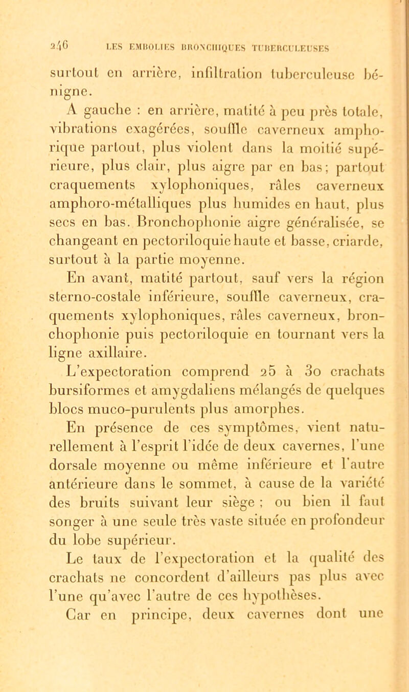 surtout en arrière, infiltration tuberculeuse bé- nigne. A gauche : en arrière, matité à peu près totale, vibrations exagérées, souille caverneux ampho- rique partout, plus violent dans la moitié supé- rieure, plus clair, plus aigre par en bas; partout craquements xylophoniques, râles caverneux amphoro-mélalliques plus humides en haut, plus secs en lias. Bronchophonie aigre généralisée, se changeant en pectoriloquic haute et basse, criarde, surtout à la partie moyenne. En avant, matité partout, sauf vers la région sterno-costale inférieure, souille caverneux, cra- quements xylophoniques, râles caverneux, bron- chophonie puis pectoriloquic en tournant vers la ligne axillaire. L’expectoration comprend 25 à 3o crachats bursiformes et amygdaliens mélangés de quelques blocs muco-purulents plus amorphes. En présence de ces symptômes, vient natu- rellement à l’esprit l’idée de deux cavernes, l'une dorsale moyenne ou même inférieure et l’autre antérieure dans le sommet, à cause de la variété des bruits suivant leur siège ; ou bien il faut songer à une seule très vaste située en profondeur du lobe supérieur. Le taux de l’expectoration et la qualité des crachats ne concordent d’ailleurs pas plus avec l’une qu’avec l’autre de ces hypothèses. Car en principe, deux cavernes dont une