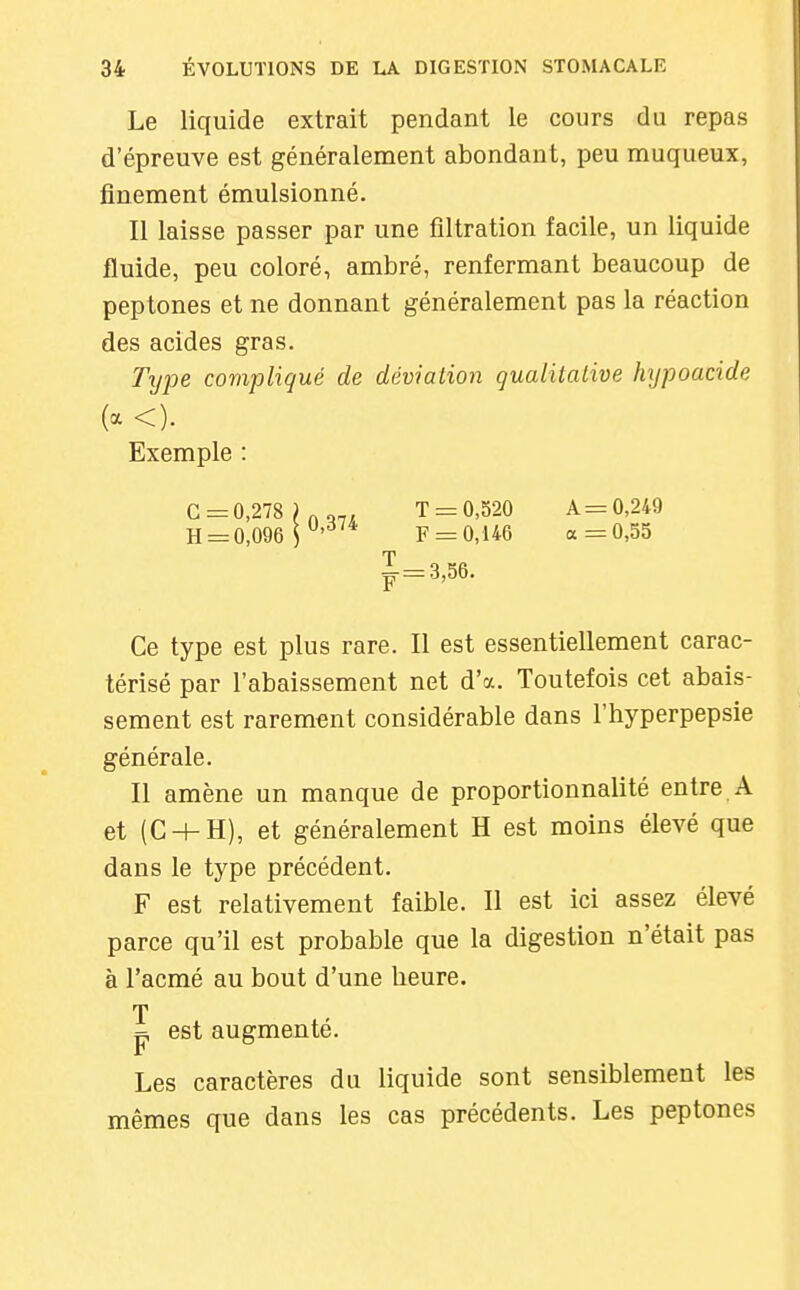 Le liquide extrait pendant le cours du repas d'épreuve est généralement abondant, peu muqueux, finement émulsionné. Il laisse passer par une filtration facile, un liquide fluide, peu coloré, ambré, renfermant beaucoup de peptones et ne donnant généralement pas la réaction des acides gras. Type compliqué de déviation qualitative hypoacide {-<)■ Exemple : G = 0,278 }„„_, T = 0,520 A =0,249 H = 0,096 T'*^* F = 0,146 a =0,55 ^-3,56. Ce type est plus rare. Il est essentiellement carac- térisé par l'abaissement net d'oc. Toutefois cet abais- sement est rarement considérable dans l'hyperpepsie générale. Il amène un manque de proportionnalité entre A et (C + H), et généralement H est moins élevé que dans le type précédent. F est relativement faible. Il est ici assez élevé parce qu'il est probable que la digestion n'était pas à l'acmé au bout d'une heure. T p est augmente. Les caractères du liquide sont sensiblement les mêmes que dans les cas précédents. Les peptones