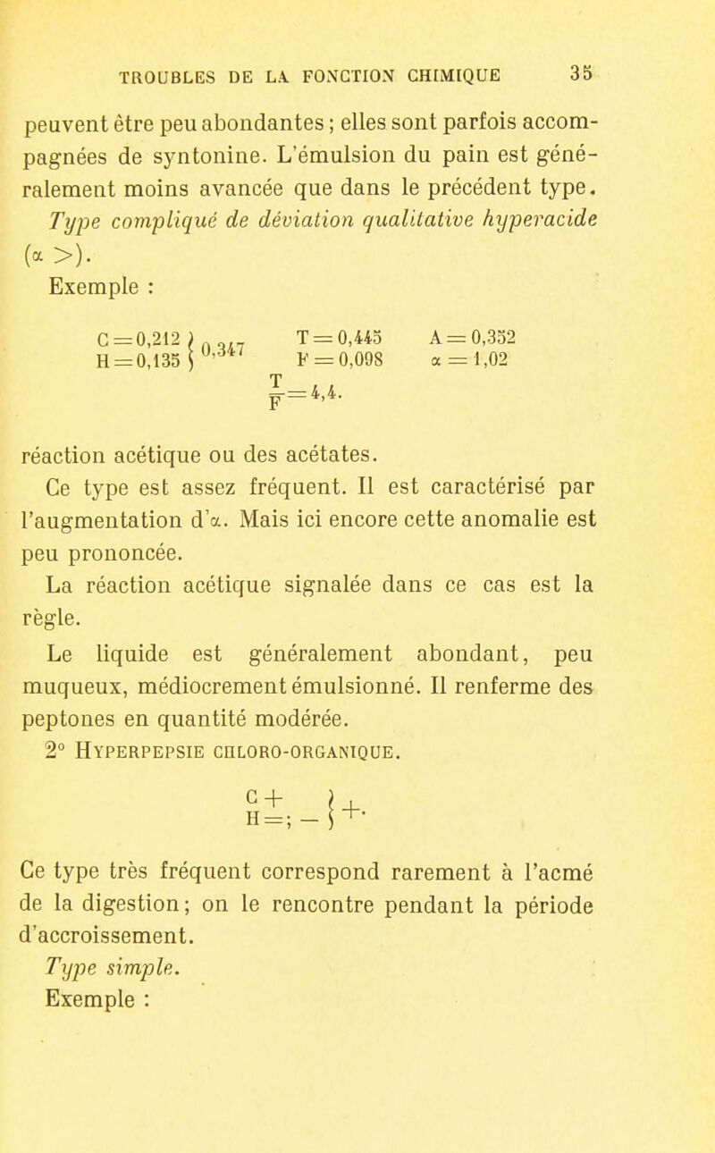 peuvent être peu abondantes ; elles sont parfois accom- pagnées de sj^ntonine. L'émulsion du pain est géné- ralement moins avancée que dans le précédent type. Type compliqué de déviation qualitative hyperacide Exemple : C =0,212 ) T = 0,445 A =0,352 n = Q,m)'' F = 0,098 a = 1,02 T ——4 4 réaction acétique ou des acétates. Ce type est assez fréquent. Il est caractérisé par l'augmentation d'à. Mais ici encore cette anomalie est peu prononcée. La réaction acétique signalée dans ce cas est la règle. Le liquide est généralement abondant, peu muqueux, médiocrement émulsionné. Il renferme des peptones en quantité modérée. 2° Hyperpepsie chloro-organique. Ce type très fréquent correspond rarement à l'acmé de la digestion ; on le rencontre pendant la période d'accroissement. Tyjje simple. Exemple :