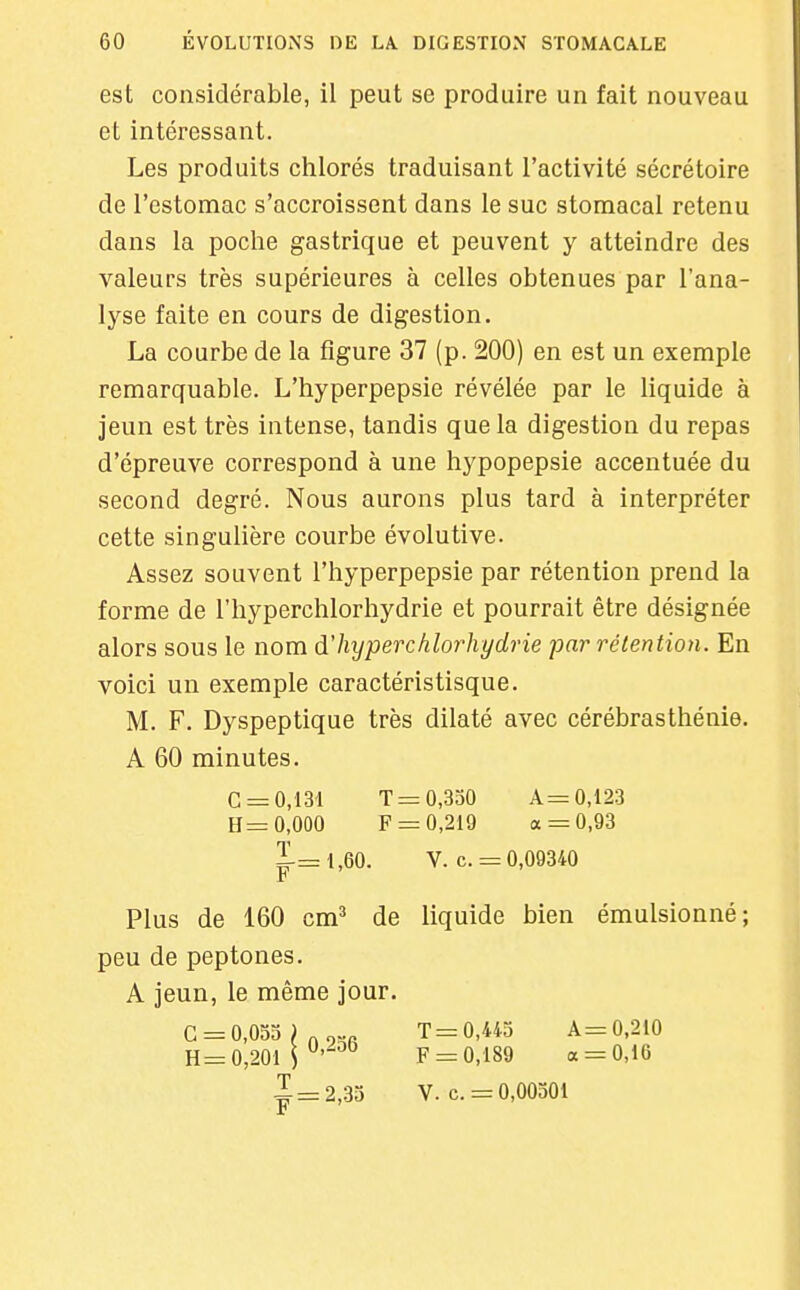 est considérable, il peut se produire un fait nouveau et intéressant. Les produits chlorés traduisant l'activité sécrétoire de l'estomac s'accroissent dans le suc stomacal retenu dans la poche gastrique et peuvent y atteindre des valeurs très supérieures à celles obtenues par l'ana- lyse faite en cours de digestion. La courbe de la figure 37 (p. 200) en est un exemple remarquable. L'hyperpepsie révélée par le liquide à jeun est très intense, tandis que la digestion du repas d'épreuve correspond à une hypopepsie accentuée du second degré. Nous aurons plus tard à interpréter cette singulière courbe évolutive. Assez souvent l'hyperpepsie par rétention prend la forme de l'hyperchlorhydrie et pourrait être désignée alors sous le nom d'hijpercklorhydrie par rétention. En voici un exemple caractéristisque. M. F. Dyspeptique très dilaté avec cérébrasthénie. A 60 minutes. Plus de 160 cm^* de liquide bien émulsionné; peu de peptones. A jeun, le même jour. 0 = 0,131 H= 0,000 T=: 0,330 A= 0,123 F = 0,219 a = 0,93 V. c. = 0,09340 G = 0,03o H= 0,201 I 0,236 A= 0,210 a = 0,16 1 = 2,33 V.c. = 0,00301