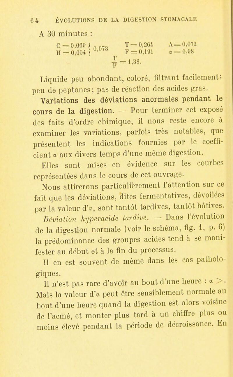 A 30 minutes : G = 0,069 ) nr.no T = 0,204 A = 0,072 F = 0,191 a = 0,98 C = 0,069 J Q^,3 11 = 0,004 ] ^''-^ ■J = l,38. Liquide peu abondant, coloré, filtrant facilement; peu de peptones ; pas de réaction des acides gras. Variations des déviations anormales pendant le cours de la digestion. — Pour terminer cet exposé des faits d'ordre chimique, il nous reste encore à examiner les variations, parfois très notables, que présentent les indications fournies par le coeffi- cient a aux divers temps d'une même digestion. Elles sont mises en évidence sur les courbes représentées dans le cours de cet ouvrage. Nous attirerons particulièrement l'attention sur ce fait que les déviations, dites fermentatives, dévoilées par la valeur d'à, sont tantôt tardives, tantôt hâtives. Dévialion hjperacide tardive. — Dans l'évolution de la digestion normale (voir le schéma, fig. 1, p. 6) la prédominance des groupes acides tend à se mani- fester au début et à la fin du processus. Il en est souvent de même dans les cas patholo- giques. 11 n'est pas rare d'avoir au bout d'une heure : a >. Mais la valeur d'ot peut être sensiblement normale au bout d'une heure quand la digestion est alors voisine de l'acmé, et monter plus tard à un chiffre plus ou moins élevé pendant la période de décroissance. En