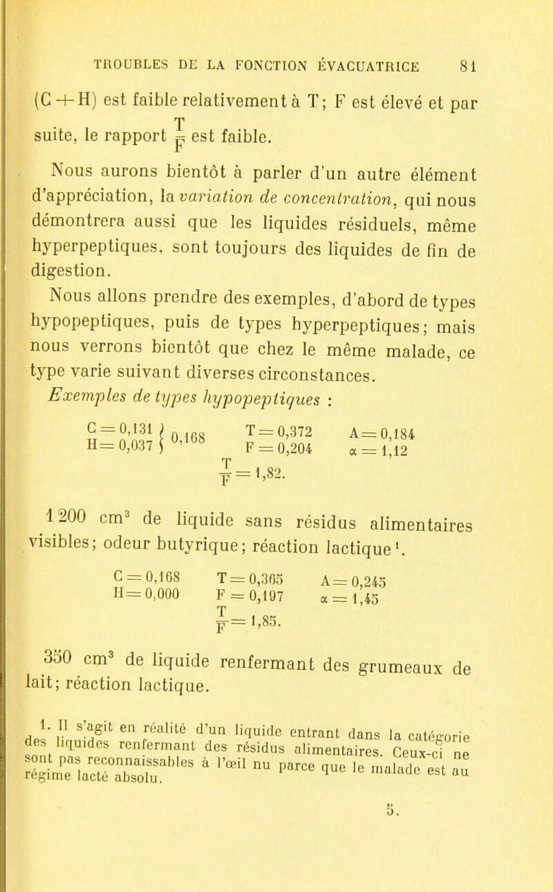 (C H-H) est faible relativement à T; F est élevé et par T suite, le rapport p est faible. Nous aurons bientôt à parler d'un autre élément d'appréciation, la variation de concentration, qui nous démontrera aussi que les liquides résiduels, même hyperpeptiques, sont toujours des liquides de fin de digestion. Nous allons prendre des exemples, d'abord de types hypopeptiques, puis de types hyperpeptiques; mais nous verrons bientôt que chez le même malade, ce type varie suivant diverses circonstances. Exemples de tijpes hypopeptiques : C = 0,13i; T = 0,372 A=0,184 H= 0,037 r'*^« F = 0,204 « = 112 T ^=1,82. 1200 cm3 de liquide sans résidus alimentaires visibles; odeur butyrique; réaction lactique'. C = 0,168 T= 0,365 A =0,245 H= 0,000 F = 0,197 a = 1,45 T p-=l,85. 350 cm^ de liquide renfermant des grumeaux de lait; réaction lactique. 1. Il s;agit en réalité d'un liquide entrant dans la catécorie des hqu.des renfermant des résidus alimentaires. Ceux-ci ne rll^elaraZlT^'^^ ' -^^^-t au^