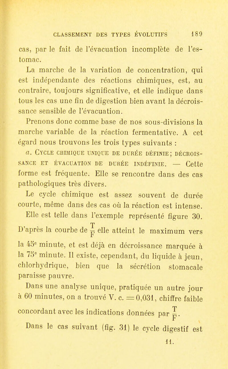 cas, par le fait de l'évacuation incomplète de l'es- tomac. La marche de la variation de concentration, qui est indépendante des réactions chimiques, est, au contraire, toujours signitîcative, et elle indique dans tous les cas une fin de digestion bien avant la décrois- sance sensible de l'évacuation. Prenons donc comme base de nos sous-divisions la marche variable de la réaction fermentative. A cet égard nous trouvons les trois types suivants : a. Cycle chimique unique de durée définie; décrois- sance ET ÉVACUATION DE DURÉE INDÉFINIE. — Cette forme est fréquente. Elle se rencontre dans des cas pathologiques très divers. Le cycle chimique est assez souvent de durée courte, même dans des cas où la réaction est intense. Elle est telle dans l'exemple représenté figure 30. T D'après la courbe de ^ elle atteint le maximum vers la 45« minute, et est déjà en décroissance marquée à la 73° minute. Il existe, cependant, du liquide à jeun, chlorhydrique, bien que la sécrétion stomacale paraisse pauvre. Dans une analyse unique, pratiquée un autre jour à 60 minutes, on a trouvé V. c. =0,031, chiffre faible concordant avec les indications données par -. F Dans le cas suivant (fig. 31) le cycle digestif est H.