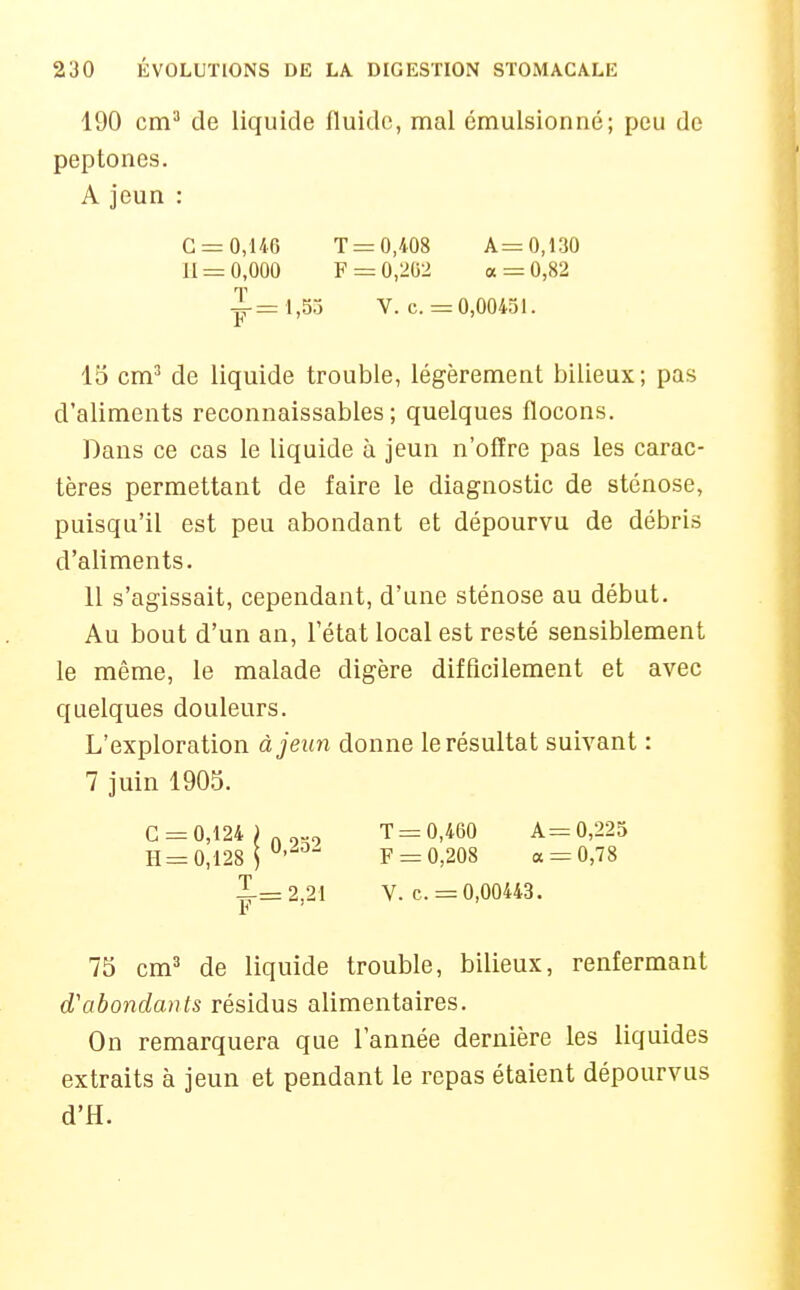 190 cm^ de liquide fluide, mal émulsionné; peu de peptones. A jeun : G = 0,146 T = 0,408 A= 0,130 11=0,000 F = 0,202 a = 0,82 X= i,5.j V. c. = 0,00451. 15 cm^ de liquide trouble, légèrement bilieux; pas d'aliments reconnaissables ; quelques flocons. Dans ce cas le liquide à jeun n'offre pas les carac- tères permettant de faire le diagnostic de sténose, puisqu'il est peu abondant et dépourvu de débris d'aliments. 11 s'agissait, cependant, d'une sténose au début. Au bout d'un an, l'état local est resté sensiblement le même, le malade digère difficilement et avec quelques douleurs. L'exploration à jeun donne le résultat suivant : 7 juin 1905. C = 0,124)„,„ T= 0,460 A= 0,225 H= 0,128 \ F = 0,208 a = 0,78 î-=2,21 V. c.= 0,00443. 75 cm^ de liquide trouble, bilieux, renfermant d'abondants résidus alimentaires. On remarquera que l'année dernière les liquides extraits à jeun et pendant le repas étaient dépourvus d'H.