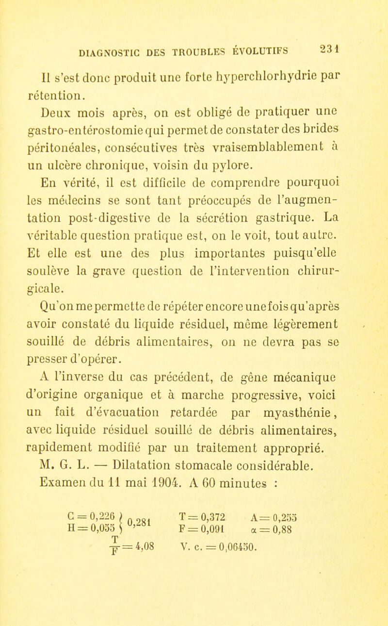 Il s'est donc produit une forte hyperchlorhydrie par rétention. Deux mois après, on est obligé de pratiquer une gastro-entérostomie qui permet de constater des brides péritonéales, consécutives très vraisemblablement à un ulcère chronique, voisin du pylore. En vérité, il est difficile de comprendre pourquoi les médecins se sont tant préoccupés de l'augmen- tation post-digestive de la sécrétion gastrique. La véritable question pratique est, on le voit, tout autre. Et elle est une des plus importantes puisqu'elle soulève la grave question de l'intervention chirur- gicale. Qu'on me perme tte de répéter encore une fois qu'après avoir constaté du liquide résiduel, même légèrement souillé de débris alimentaires, on ne devra pas se presser d'opérer. A l'inverse du cas précédent, de gêne mécanique d'origine organique et à marche progressive, voici un fait d'évacuation retardée par myasthénie, avec liquide résiduel souillé de débris alimentaires, rapidement modifié par un traitement approprié. M. G. L. — Dilatation stomacale considérable. Examen du il mai 1904. A 60 minutes : T= 0,372 A= 0,255 F = 0,091 a = 0,88 V. c. =0,06450. 0,281 G = 0,226 H = 0,055 ^=4,08