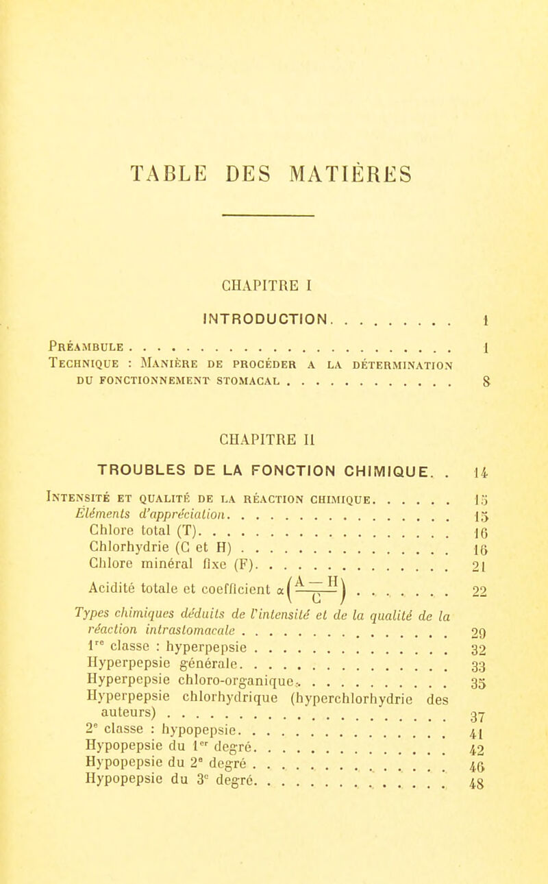 TABLE DES MATIÈRES CHAPITRE I INTRODUCTION 1 Préambule 1 Technique : Manière de procéder a la détermination du fonctionnement stomacal 8 CHAPITRE II TROUBLES DE LA FONCTION CHIMIQUE. . 14 Intensité et qualité de la réaction chimique 13 Éléments d'apprécialion 15 Chlore total (T) ' ' {q Chlorhydrie (C et H) 15 Chlore minéral fixe (F) 21 Acidité totale et coefficient «(^-^-^j 22 Types chimiques déduits de Vintensité et de la qualité de la réaction intrastomacale 29 1 classe : hyperpepsie 32 Hyperpepsie générale 33 Hyperpepsie chloro-organique> 35 Hyperpepsie chlorhydrique (hyperchlorhydrie des auteurs) 2 classe : hypopepsie 4I Hypopepsie du 1 degré [ 42 Hypopepsie du 2° degré . . . 4Ô Hypopepsie du S'' degré 48