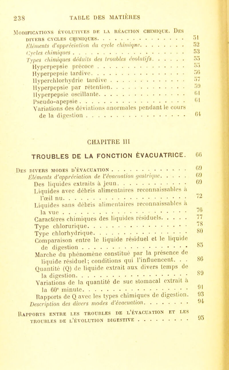 iMoniFlCATIONS KVOLOTIVF.S DE nÉACTION CHIMIQUE. Dks DIVERS CYCLES CIJIMKJUES •)! KléiiLeiils d'apprcciiilioii <hi cycle chimitjnc 52 Cycles cliimiqucs 53 Types cliinùques dédiills des Iroitblcs ccolnlifs ~i~t Hyperpppsie piéi^oce •>•• Hyperpopsie liirdivc llypcrcliiorliydrie Uiidive >~ Ilyperpcpsie par rélenlion •>'•• llyperpepsie oseillniile l'seudo-apepsie Variations des dévinlioiis anoi nialcs pendant le cours de la digestion 'j^- CHAPITRE m TROUBLES DE LA FONCTION ÉVACUATRICE. 00 Des divers modes d'évacuation 'j*' Éléments d'apprérialion de l'cvaciinUon ijaslriqiic 09 Des liquides extraits à jeun 00 Liquides avec débris alimentaires reconnaissaliies à l'œil nu • '2 Li([uides sans débris alimeiitoircs reconnaissabics à la vue l^' Caractères chimiques des liquides résiduels /7 Type chlorurique • ■ '^^ Type chlorhydrique : • '^^ Comparaison entre le liquide résiduel et le liquide de digestion Marche du phénomène constitué par la présence de liquide résiduel ; conditions qui l'influencent. . . SG Quantité (Q) de liquide extrait aux divers temps de la digestion ; Variations de la quantité de suc stomacal extrait a la 00° minute .• • ^' Rapports de Q avec les types chimiques de digestion. 93 Description des divers modes d'évacuation fi Rapports entre les troubles de l'évacuation et les TROUBLES de l'ÉVOLUTION DIGESTIVE 95